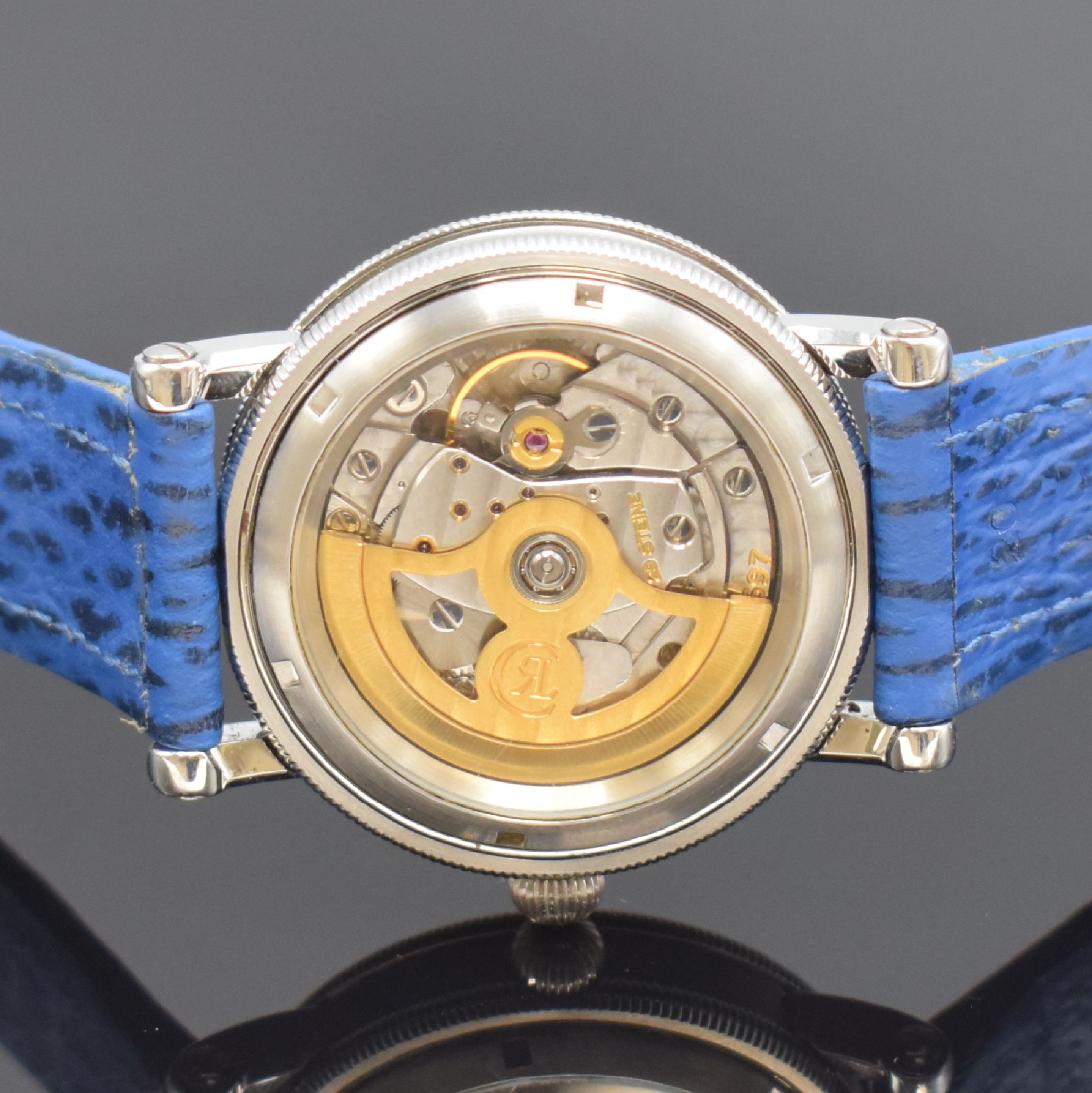 Detail e: CHRONOSWISS Regulateur Herrenarmbanduhr in Stahl Referenz CH 1223, Automatik, beids. vergl. Geh. inkl. orig. Haifisch-Lederband m. orig. Dornschl., ...