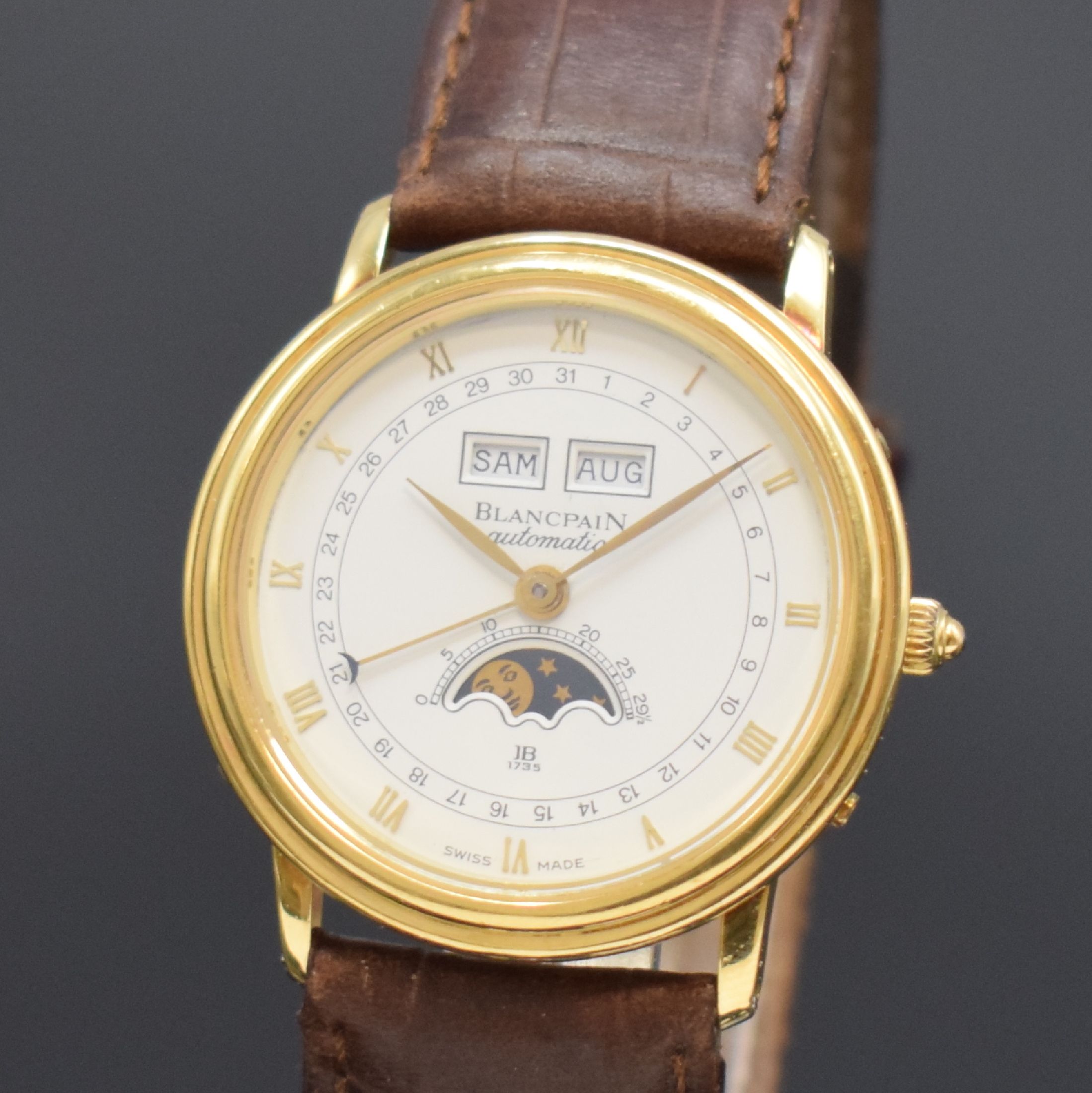 Detail a: BLANCPAIN hochfeine astronomische Herrenarmbanduhr in GG 750/000, Automatik, Schweiz um 1985, 3-teil. Geh. inkl. Lederband m. orig. Dornschl. in GG ...