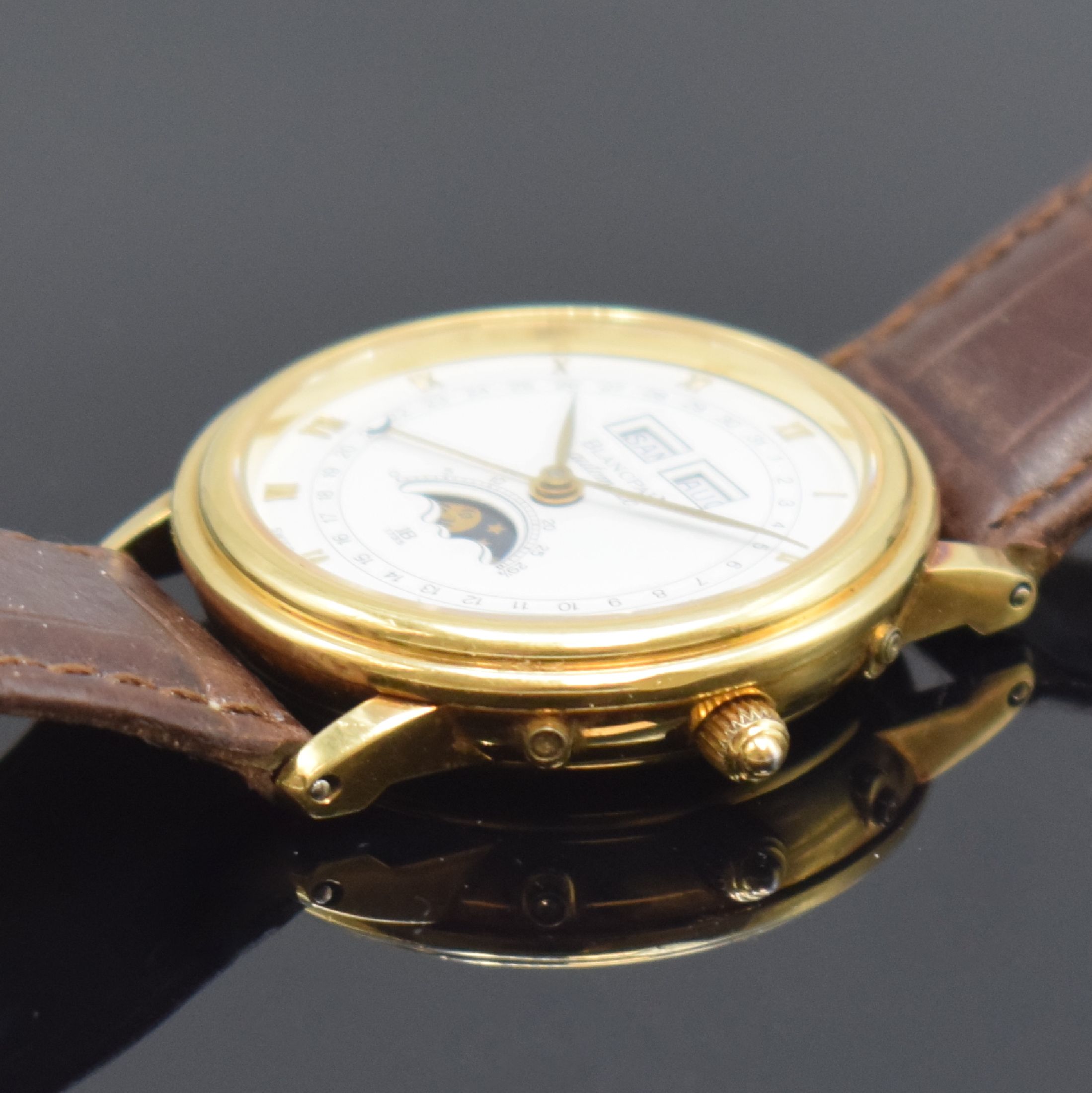 Detail c: BLANCPAIN hochfeine astronomische Herrenarmbanduhr in GG 750/000, Automatik, Schweiz um 1985, 3-teil. Geh. inkl. Lederband m. orig. Dornschl. in GG ...