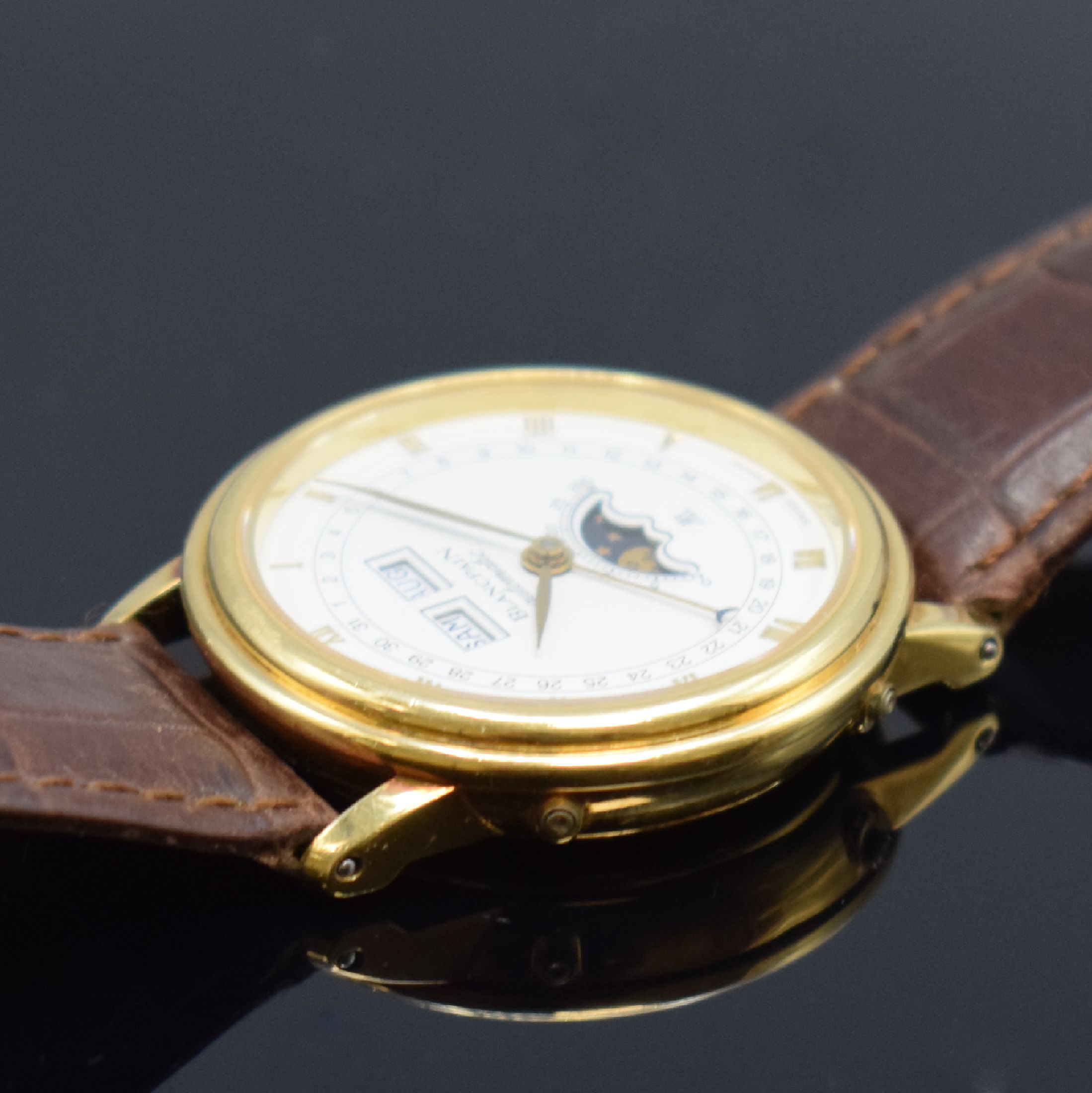 Detail e: BLANCPAIN hochfeine astronomische Herrenarmbanduhr in GG 750/000, Automatik, Schweiz um 1985, 3-teil. Geh. inkl. Lederband m. orig. Dornschl. in GG ...