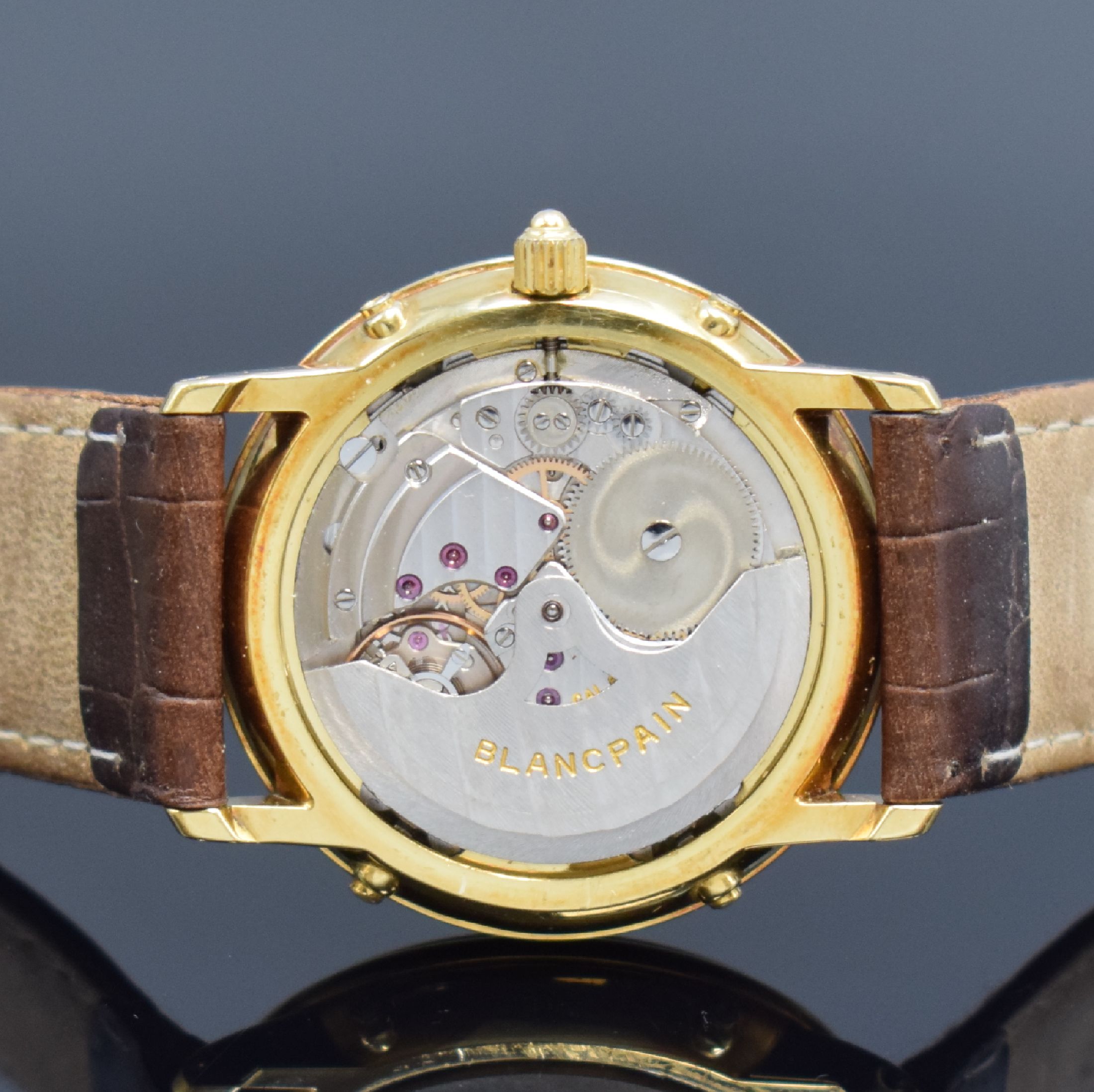 Detail f: BLANCPAIN hochfeine astronomische Herrenarmbanduhr in GG 750/000, Automatik, Schweiz um 1985, 3-teil. Geh. inkl. Lederband m. orig. Dornschl. in GG ...