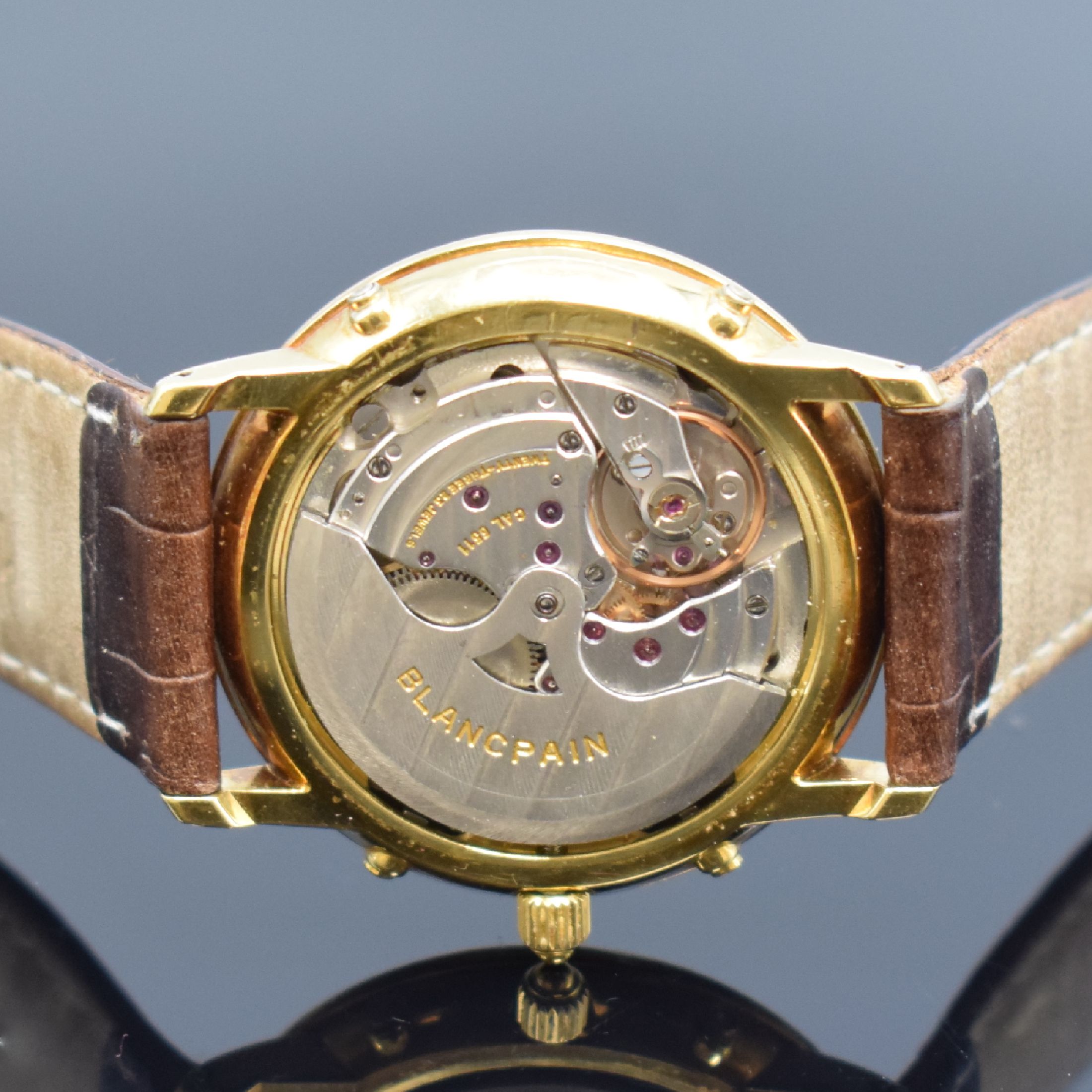 Detail g: BLANCPAIN hochfeine astronomische Herrenarmbanduhr in GG 750/000, Automatik, Schweiz um 1985, 3-teil. Geh. inkl. Lederband m. orig. Dornschl. in GG ...
