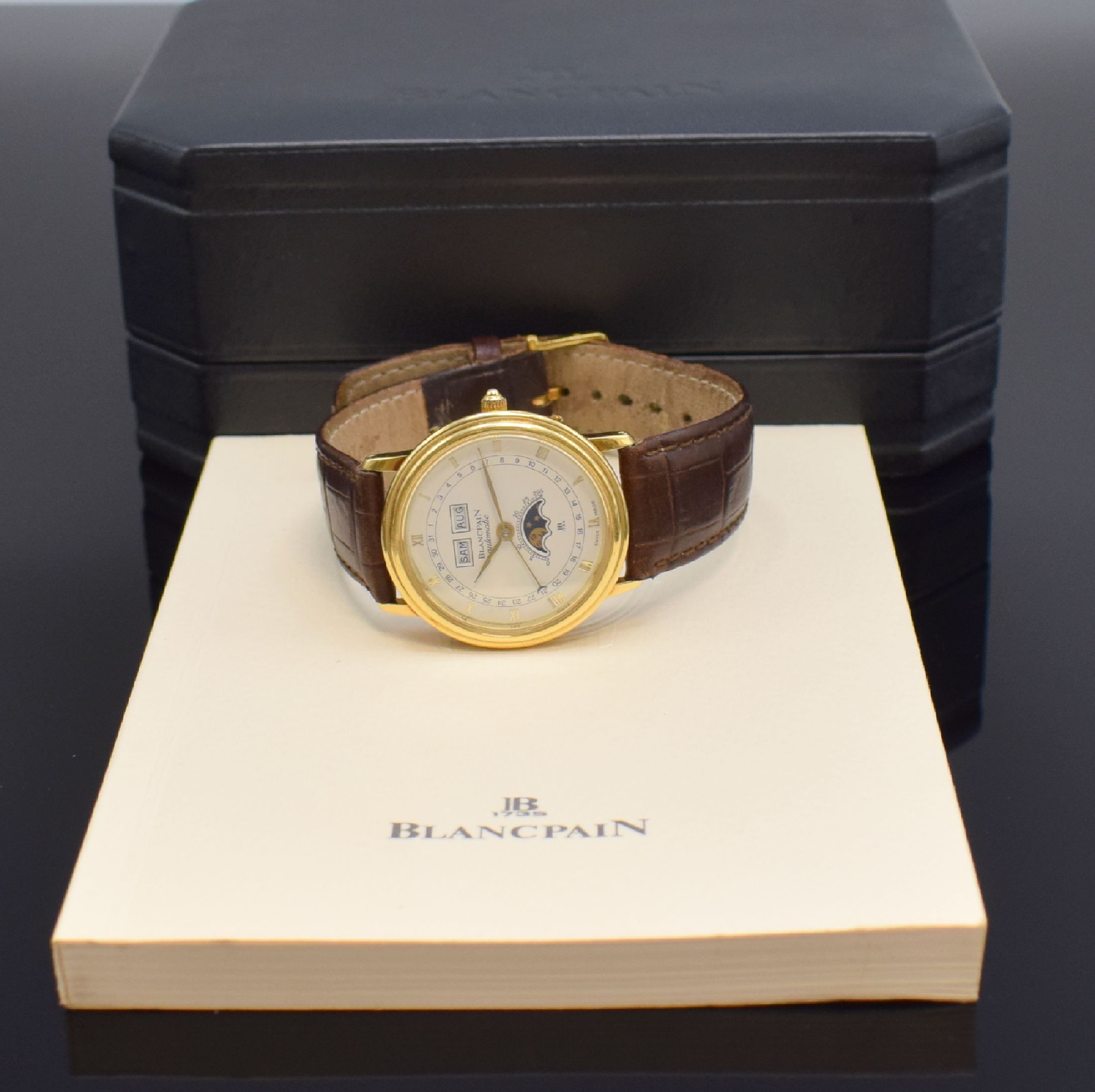 Detail i: BLANCPAIN hochfeine astronomische Herrenarmbanduhr in GG 750/000, Automatik, Schweiz um 1985, 3-teil. Geh. inkl. Lederband m. orig. Dornschl. in GG ...
