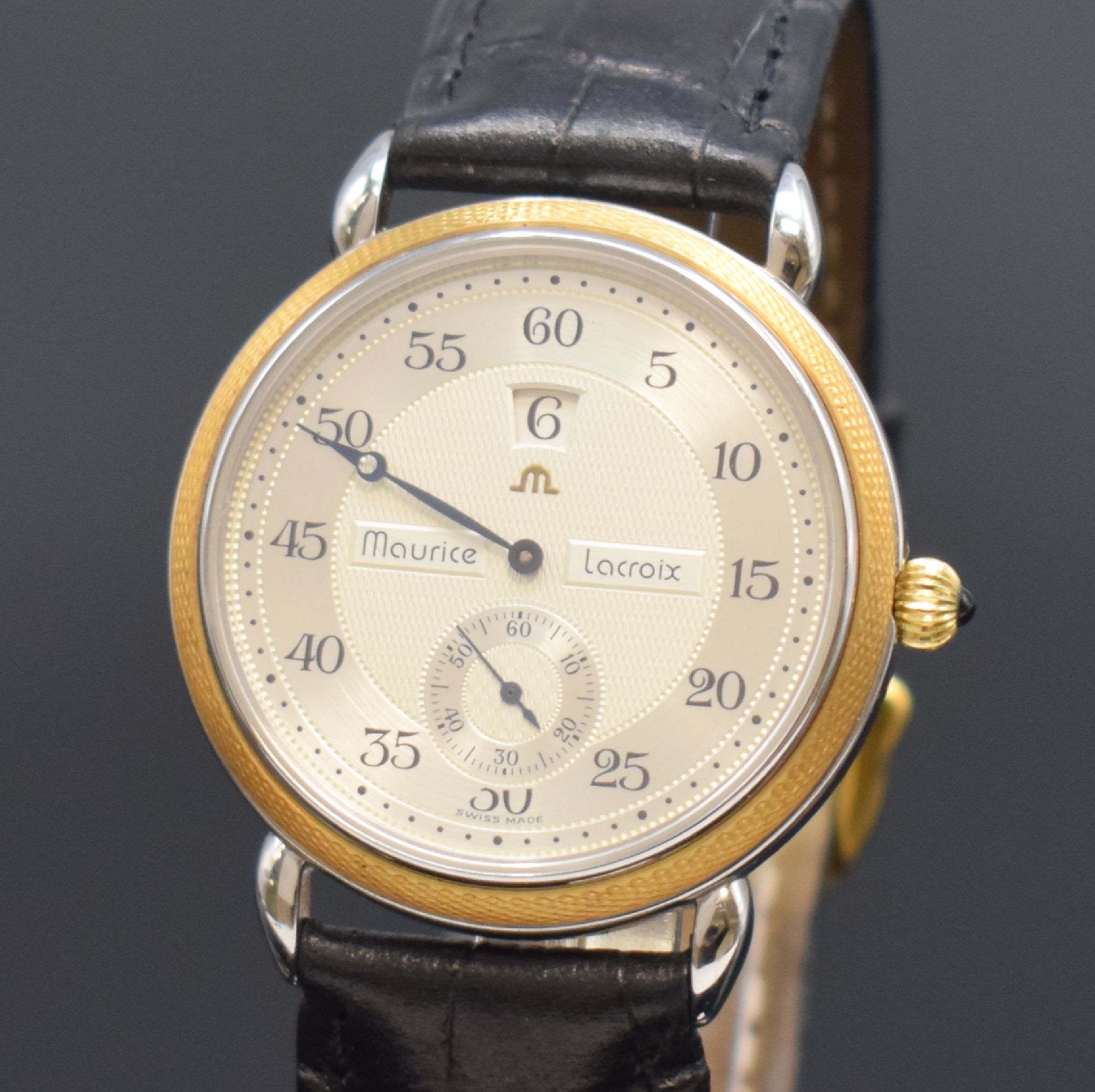 Detail a: MAURICE LACROIX Masterpiece Heure Sautante Herrenarmbanduhr Referenz 28505, Schweiz um 2000, Handaufzug, beids. vergl. Edelstahlgeh., guill. ...