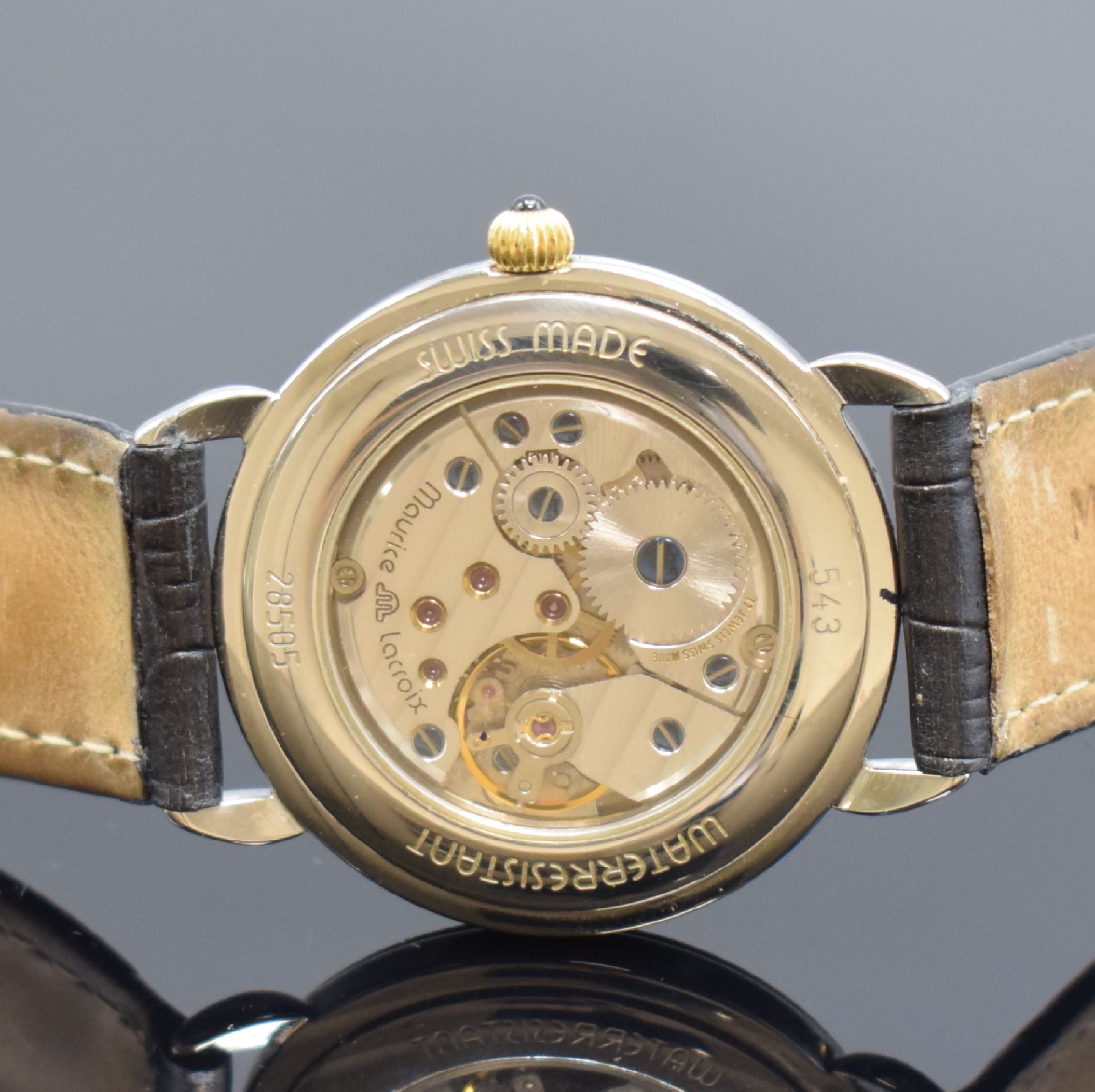 Detail c: MAURICE LACROIX Masterpiece Heure Sautante Herrenarmbanduhr Referenz 28505, Schweiz um 2000, Handaufzug, beids. vergl. Edelstahlgeh., guill. ...
