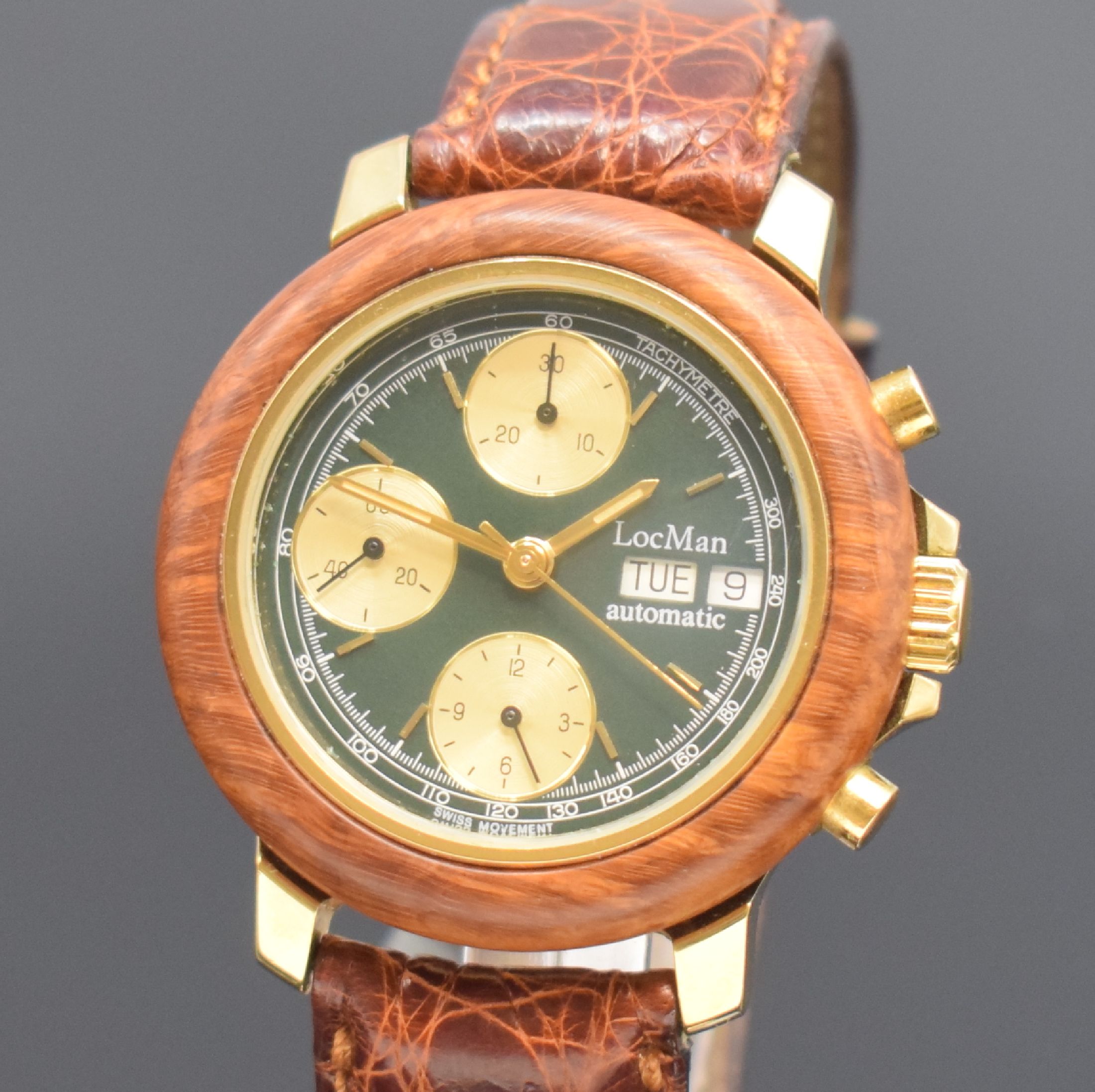Detail a: LOCMAN seltener Armbandchronograph, Automatik, Schweiz / Italien, Automatik, verg. Geh., Edelstahlboden und Wurzelholz-Lünette aufgedr., Krone ...