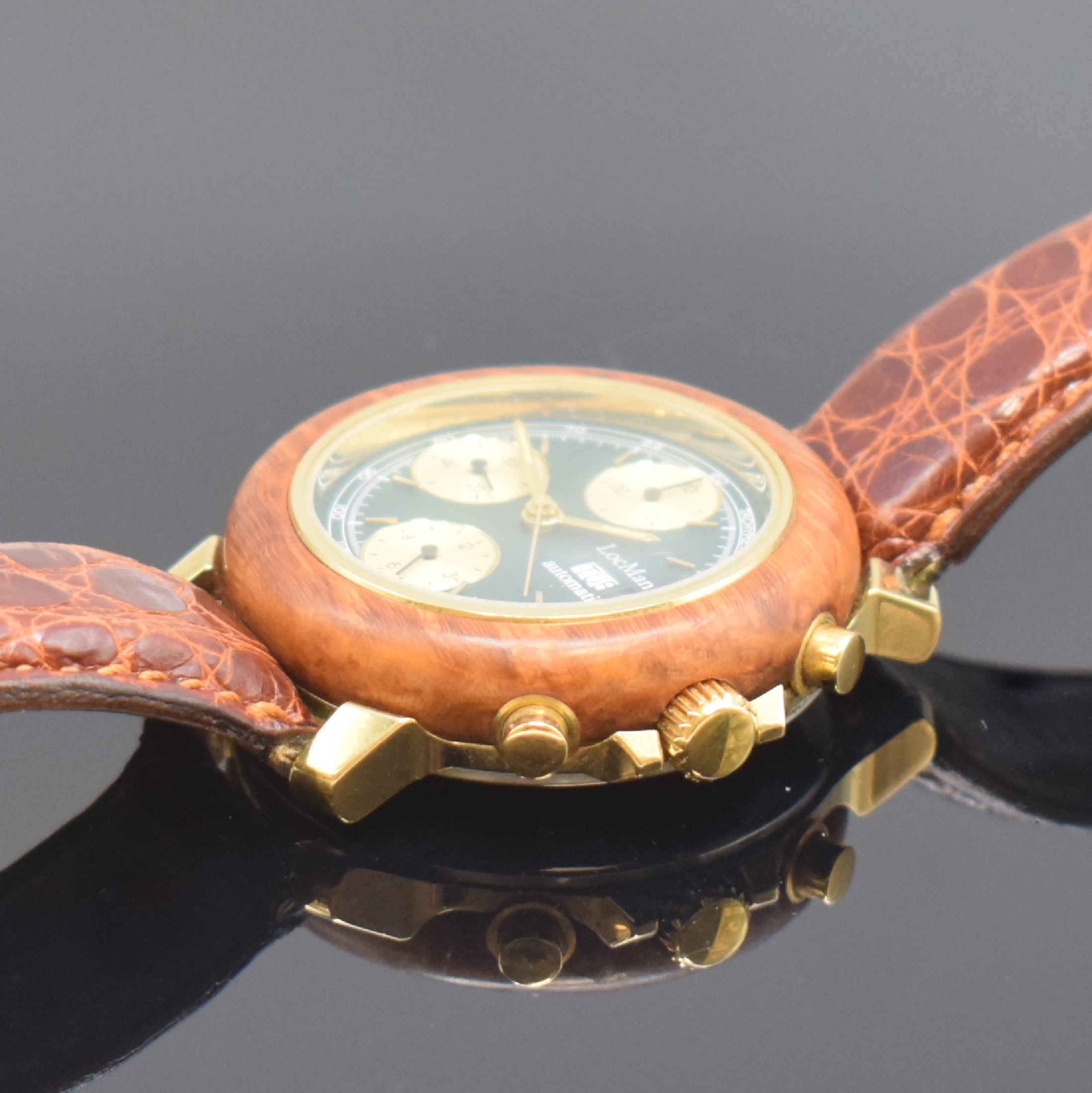 Detail c: LOCMAN seltener Armbandchronograph, Automatik, Schweiz / Italien, Automatik, verg. Geh., Edelstahlboden und Wurzelholz-Lünette aufgedr., Krone ...