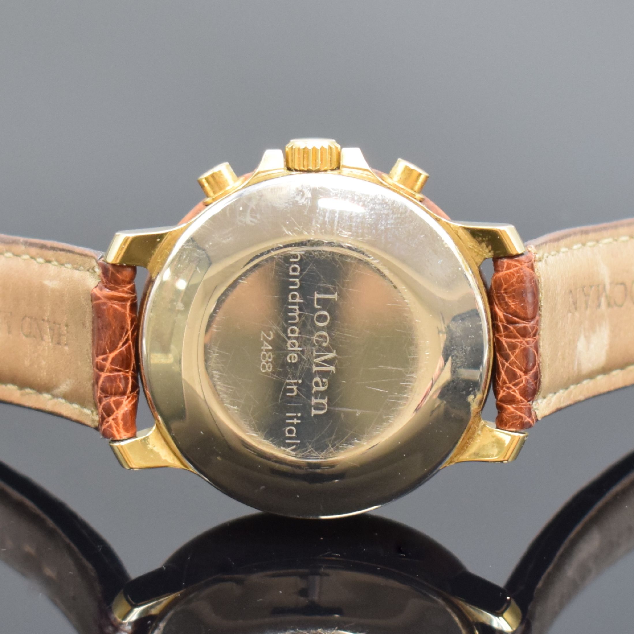 Detail d: LOCMAN seltener Armbandchronograph, Automatik, Schweiz / Italien, Automatik, verg. Geh., Edelstahlboden und Wurzelholz-Lünette aufgedr., Krone ...