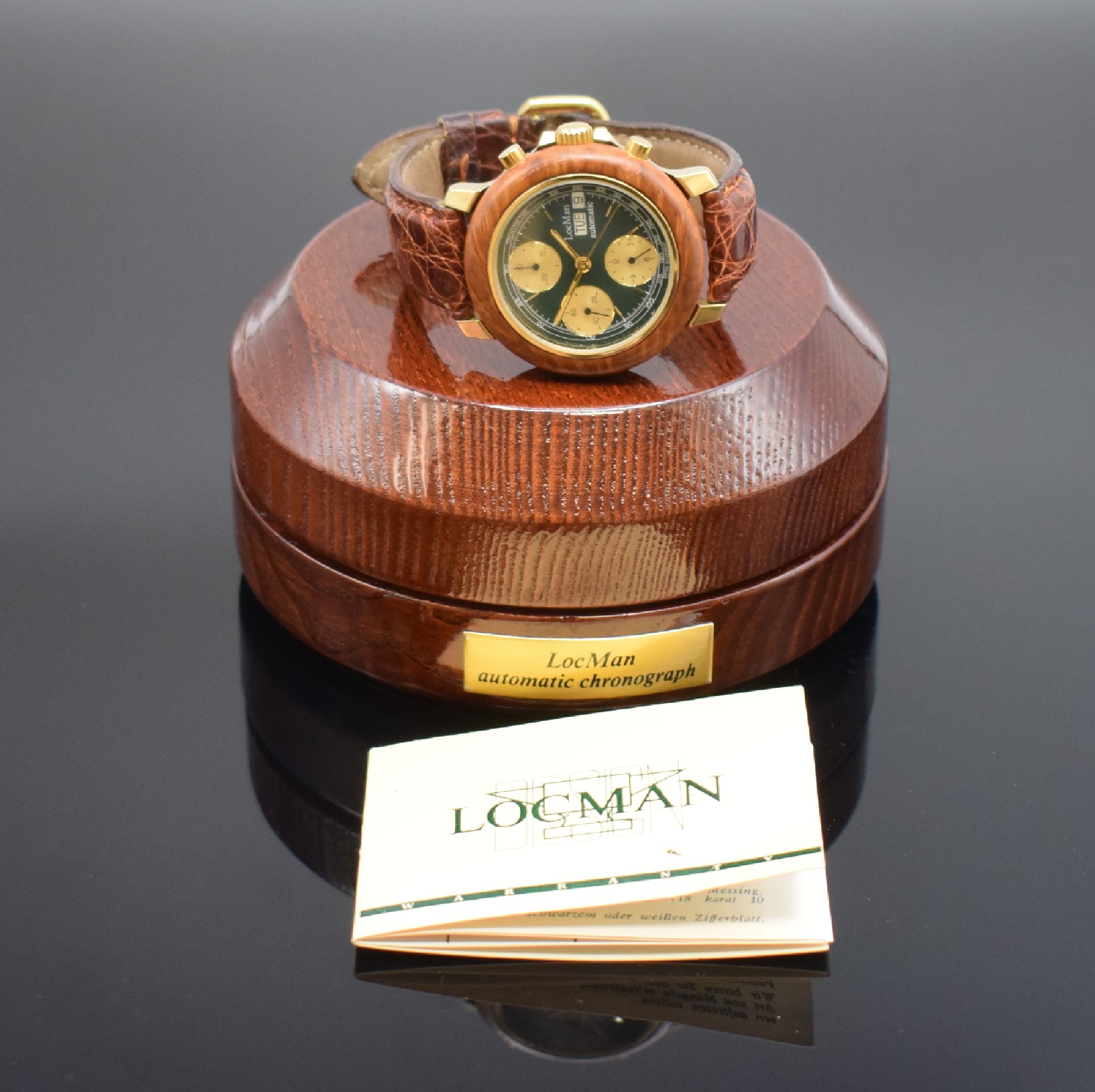Detail e: LOCMAN seltener Armbandchronograph, Automatik, Schweiz / Italien, Automatik, verg. Geh., Edelstahlboden und Wurzelholz-Lünette aufgedr., Krone ...