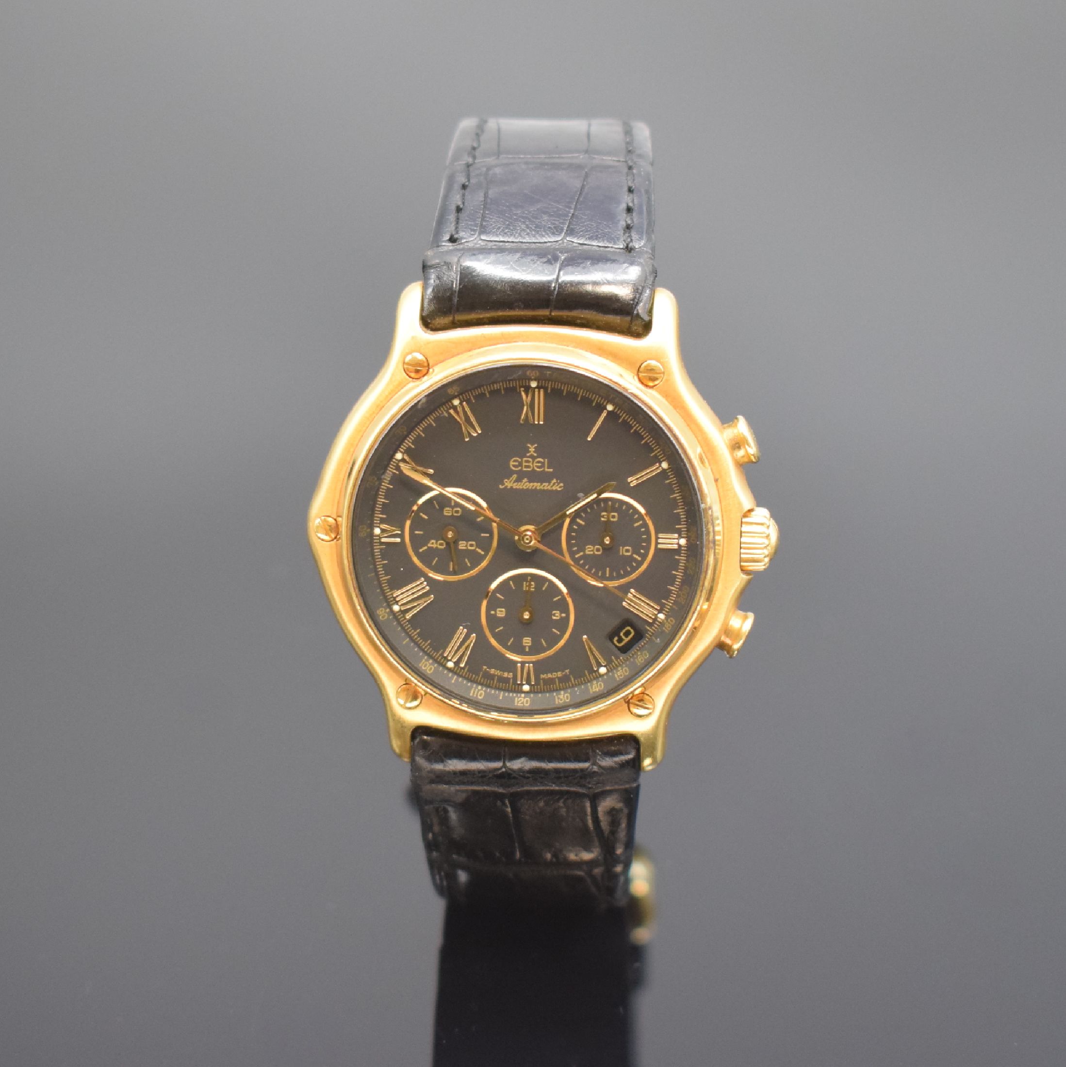 EBEL El Primero Schaltradchronograph in GG 750/000 Referenz 8134901, Automatik, Boden aufgedr., orig. Lederband m. verg. orig. Dornschl., Saphirglas, ...
