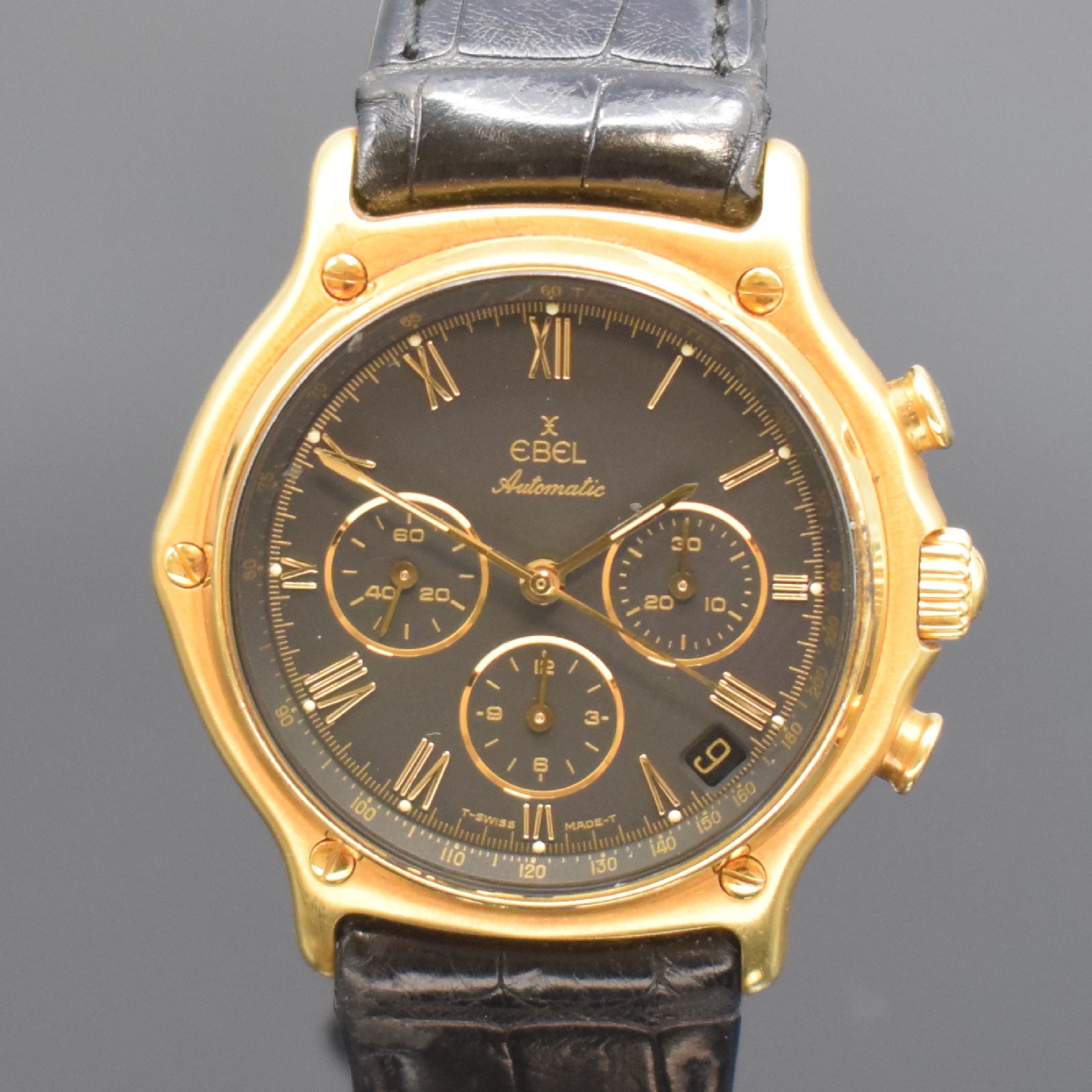 Detail a: EBEL El Primero Schaltradchronograph in GG 750/000 Referenz 8134901, Automatik, Boden aufgedr., orig. Lederband m. verg. orig. Dornschl., Saphirglas, ...