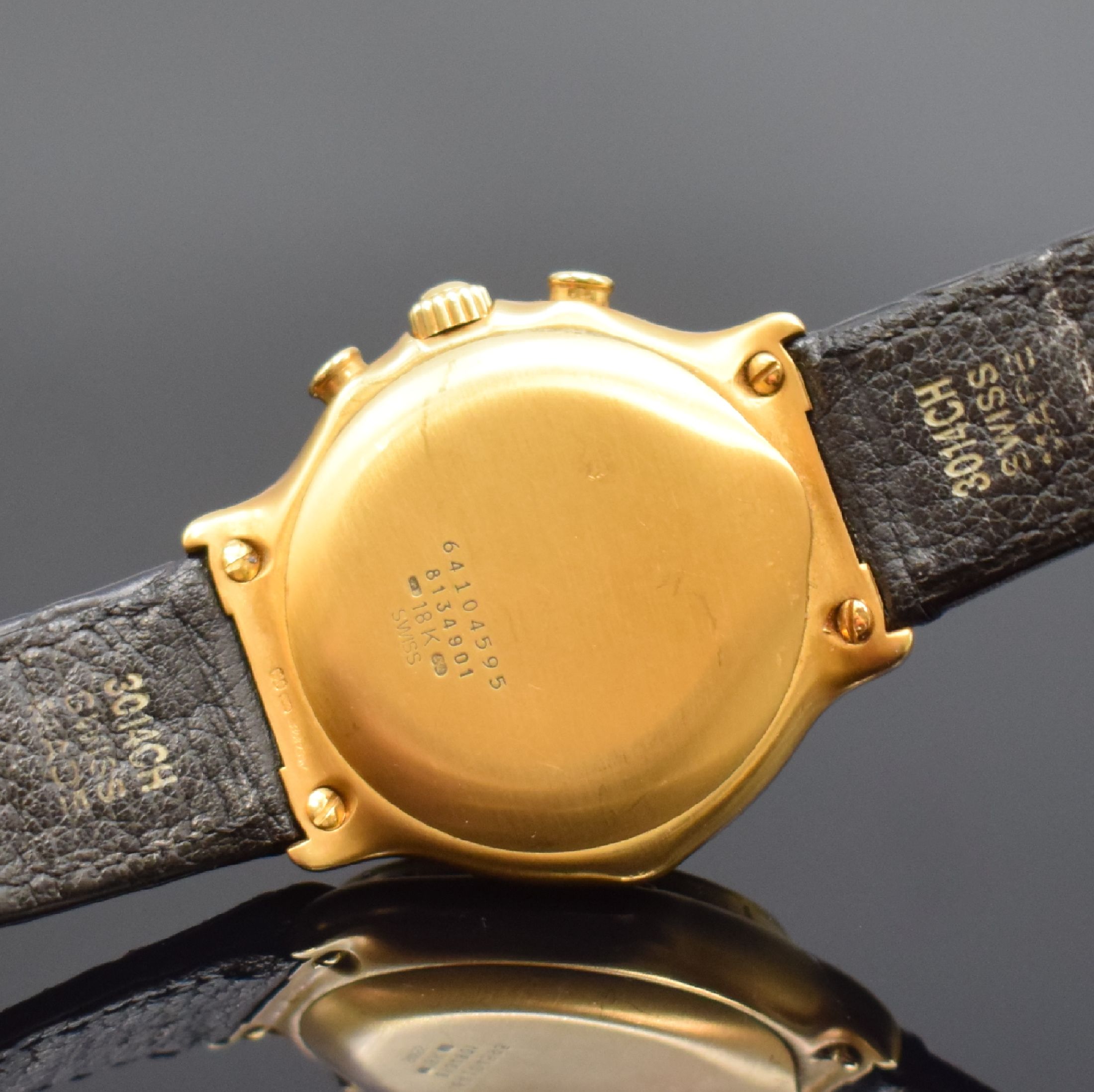 Detail d: EBEL El Primero Schaltradchronograph in GG 750/000 Referenz 8134901, Automatik, Boden aufgedr., orig. Lederband m. verg. orig. Dornschl., Saphirglas, ...