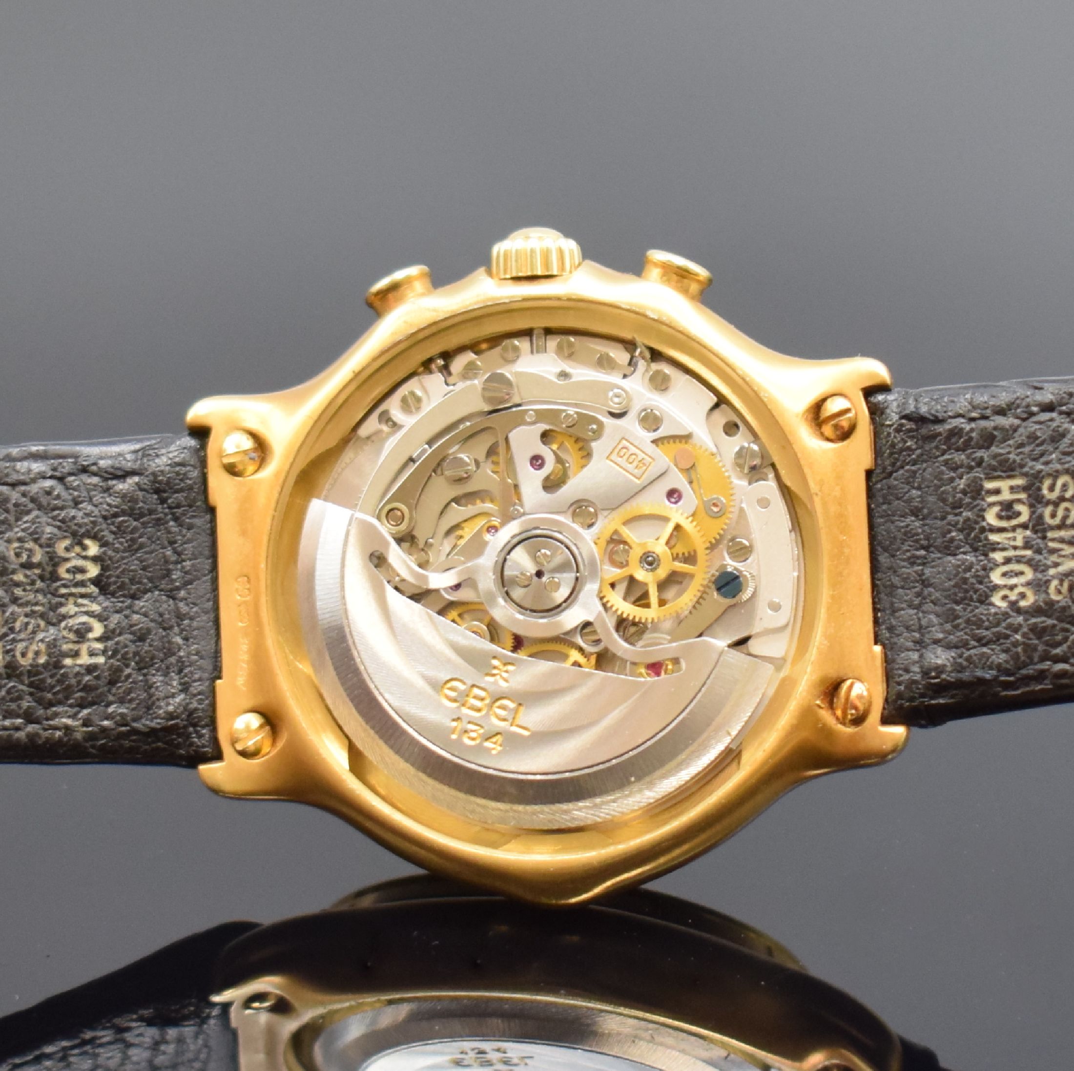 Detail e: EBEL El Primero Schaltradchronograph in GG 750/000 Referenz 8134901, Automatik, Boden aufgedr., orig. Lederband m. verg. orig. Dornschl., Saphirglas, ...