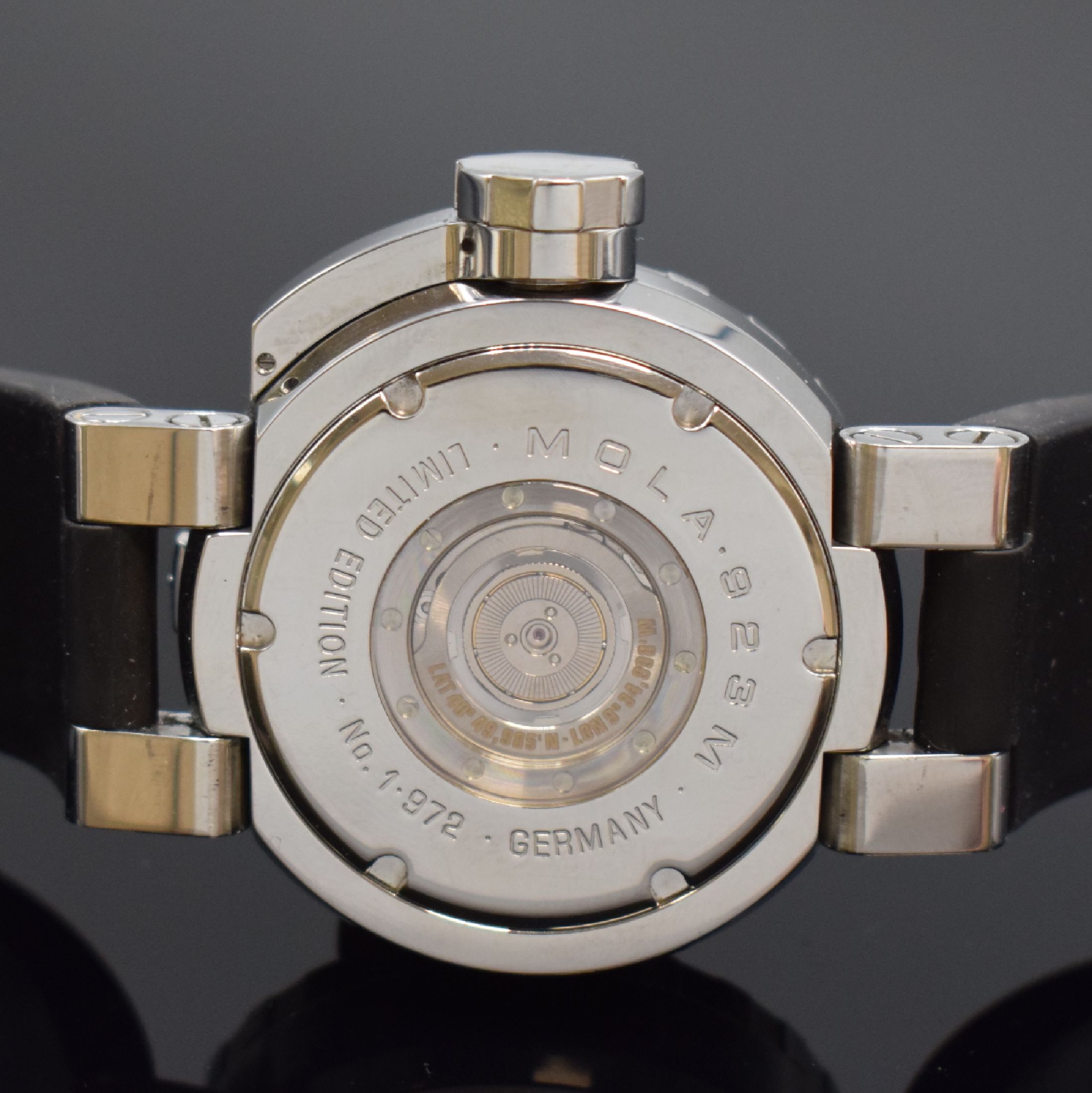 Detail d: MOLA 923M auf 1.000 Stück limitierte Taucheruhr in Stahl, Deutschland verk. lt. beil. Pap. 08/2012, Automatik, beids. vergl. Geh., Boden und Krone ...