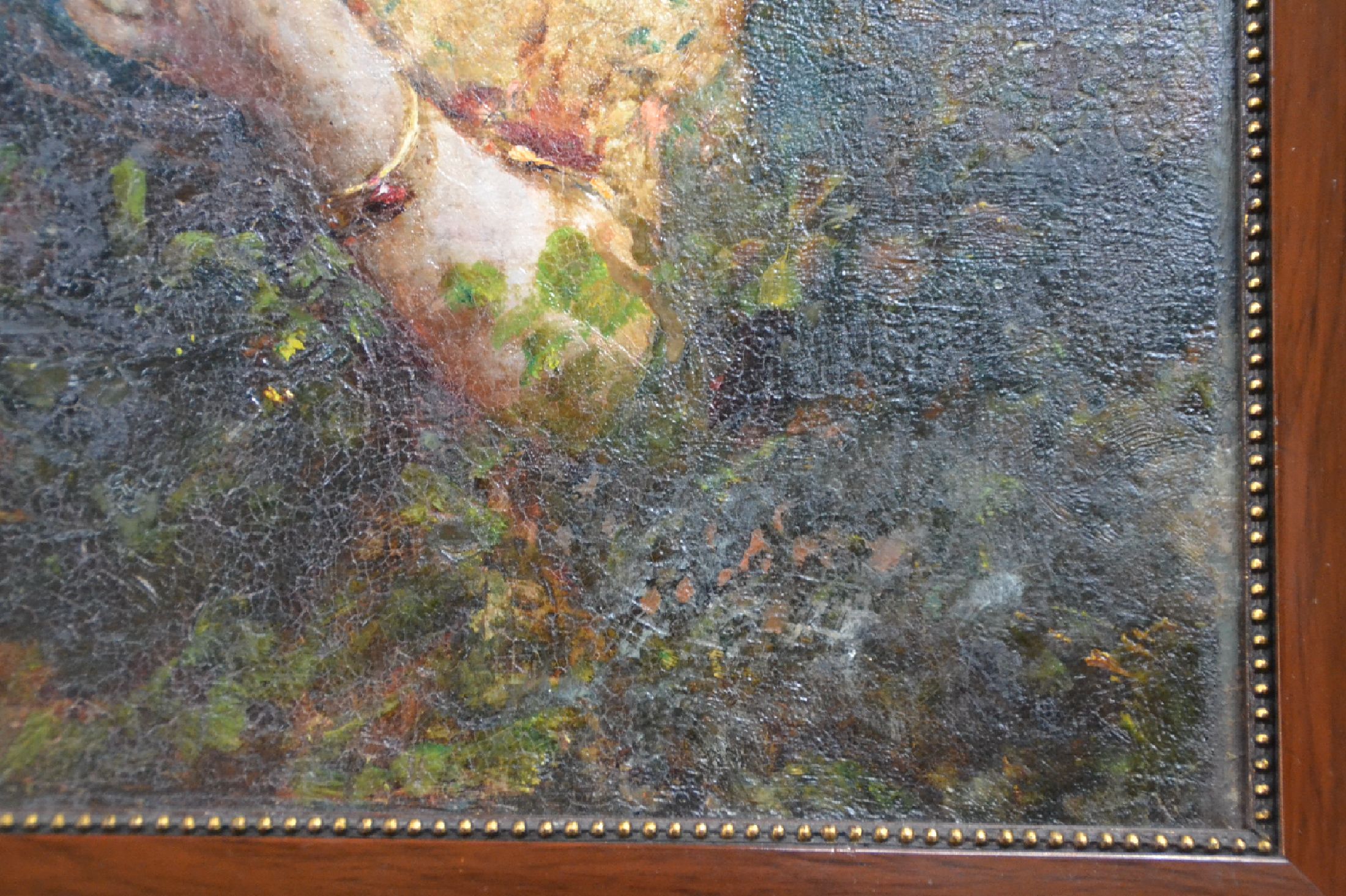 Detail b: Unbekannter Künstler, um 1890/1900,, junge Frau mit Brieftaube und Brief, Öl/Lwd, feines Inkarnat, altersbedingt krakeliert, ca. 37 x 25.5 cm, ...