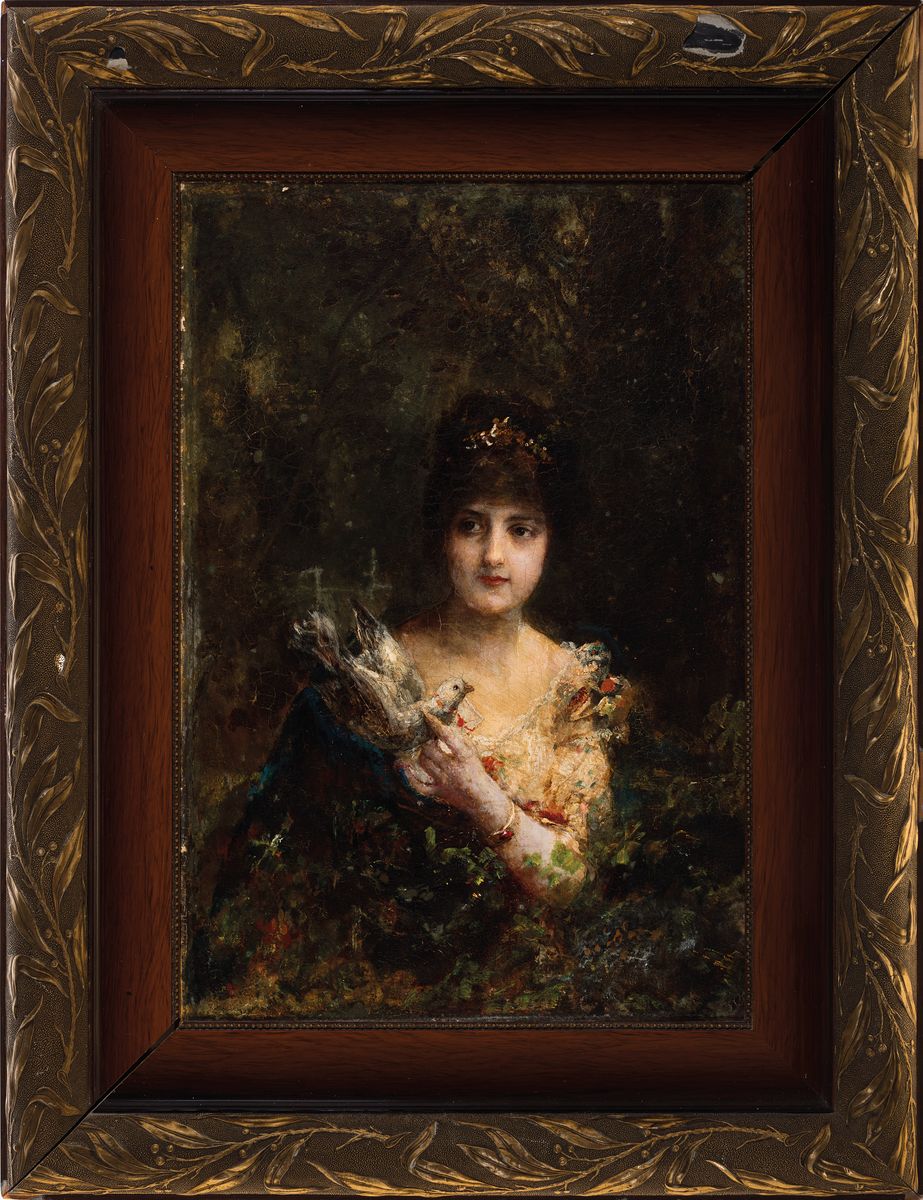 Detail k: Unbekannter Künstler, um 1890/1900,, junge Frau mit Brieftaube und Brief, Öl/Lwd, feines Inkarnat, altersbedingt krakeliert, ca. 37 x 25.5 cm, ...