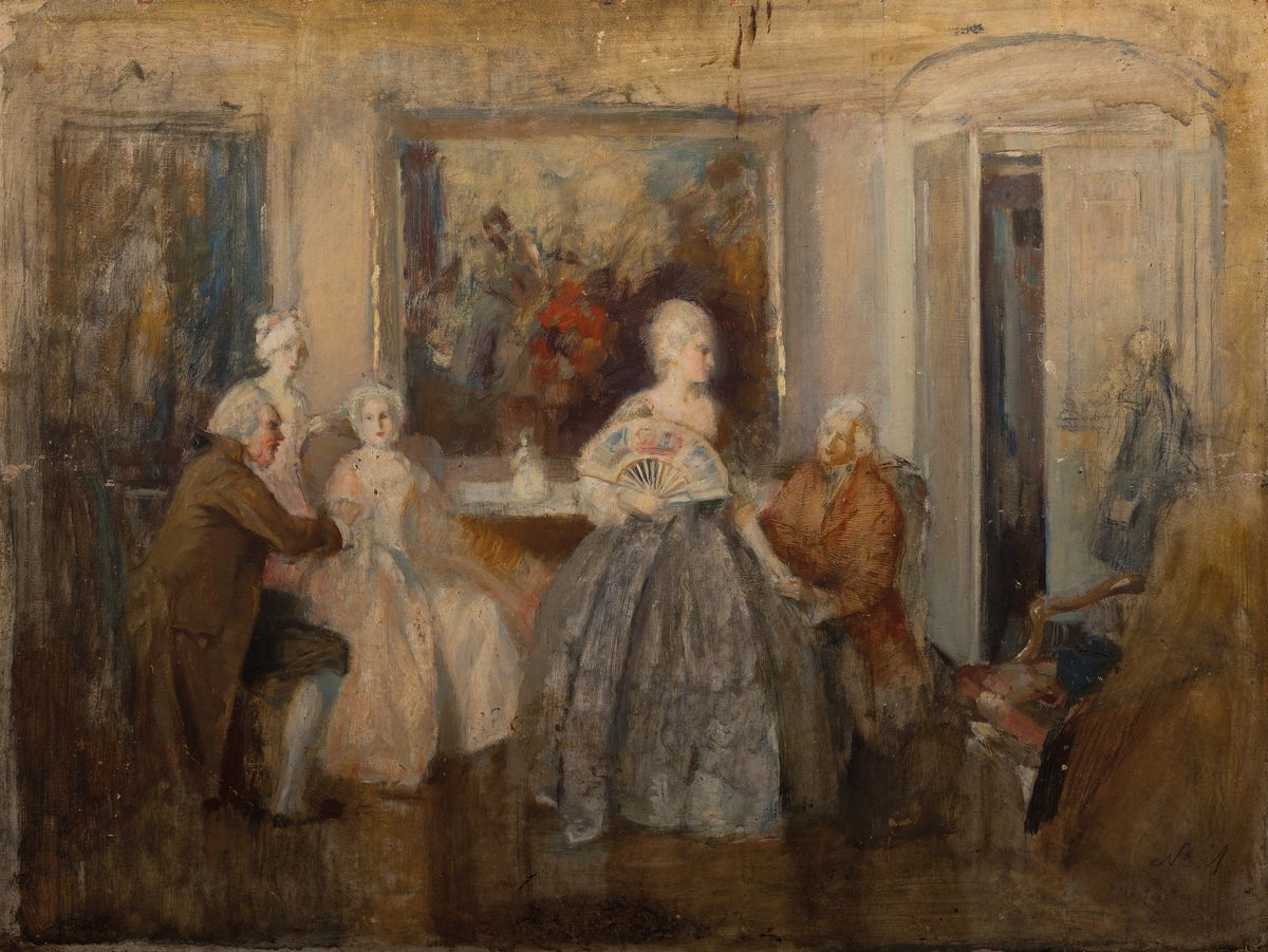 Detail a: Walter Geffcken, 1872 - 1950,, Rokoko-Gesellschaft/höfische Gesellschaft , sechs Personen in einem Empfangsraum, sich unterhaltend, ein Herr im ...