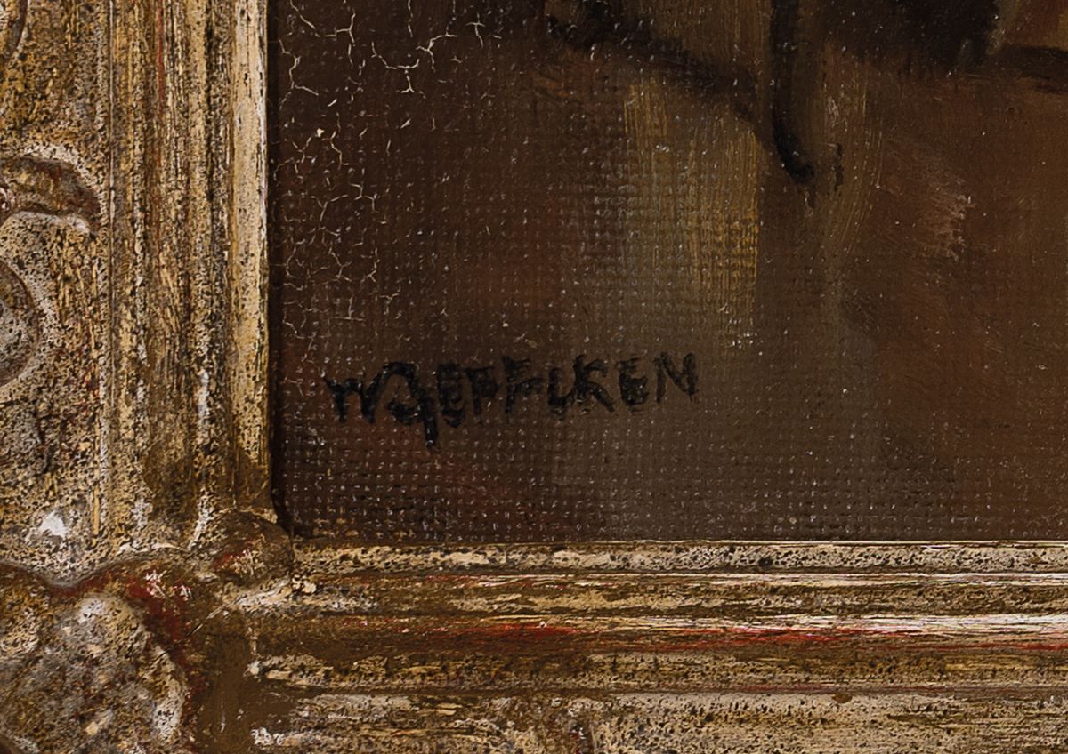 Detail b: Walter Geffcken, 1872 - 1950,, Rokoko-Gesellschaft/höfische Gesellschaft , sechs Personen in einem Empfangsraum, sich unterhaltend, ein Herr im ...