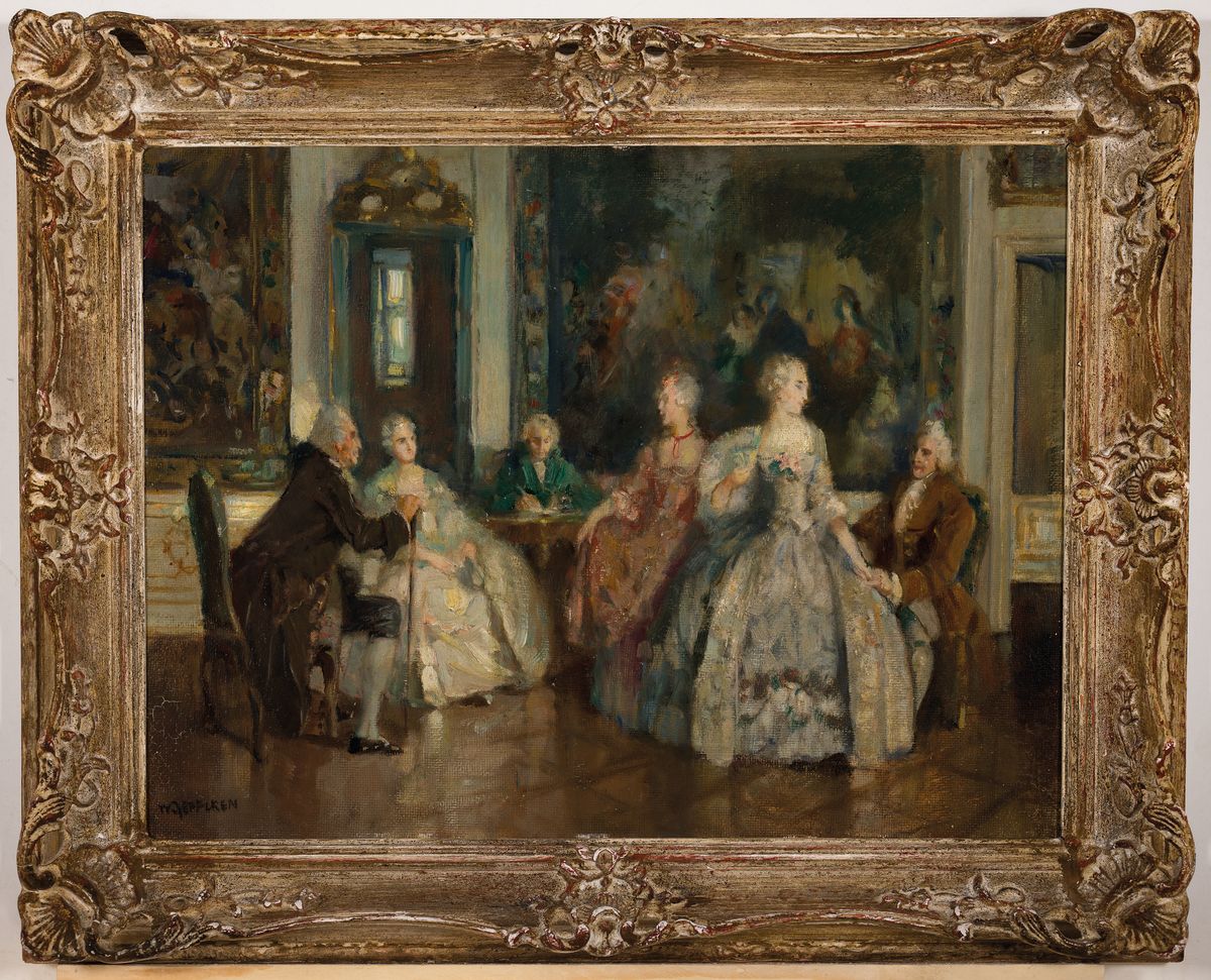 Detail k: Walter Geffcken, 1872 - 1950,, Rokoko-Gesellschaft/höfische Gesellschaft , sechs Personen in einem Empfangsraum, sich unterhaltend, ein Herr im ...