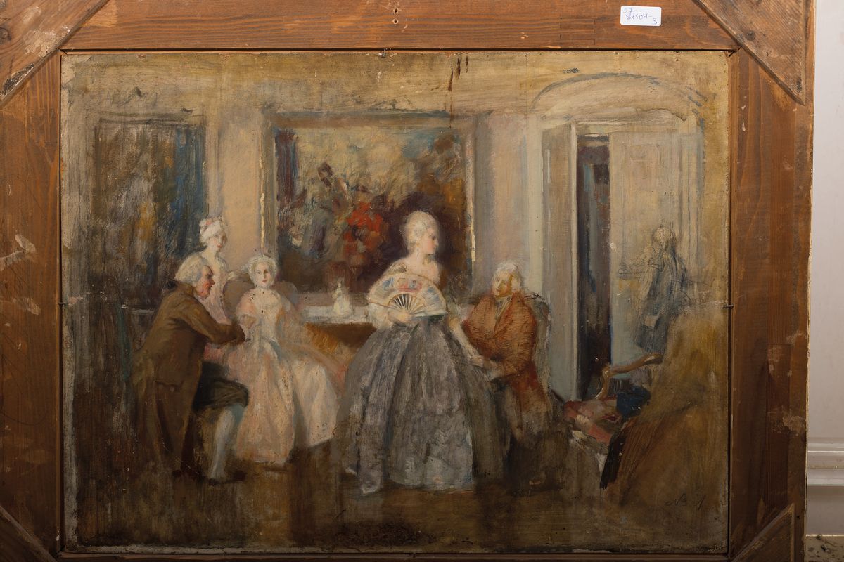 Detail l: Walter Geffcken, 1872 - 1950,, Rokoko-Gesellschaft/höfische Gesellschaft , sechs Personen in einem Empfangsraum, sich unterhaltend, ein Herr im ...