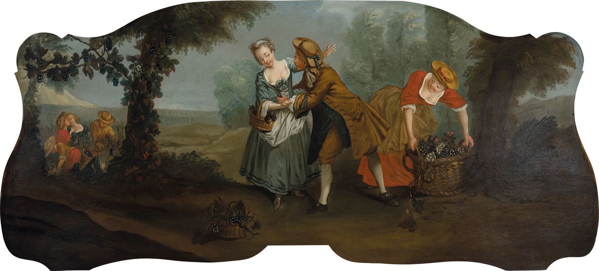 Unbekannter französischer Künstler, 18./19. Jh., Weinernte, im Mittelpunkt tanzendes Paar, rechts und links Personen mit Traubenkörben bzw. ...