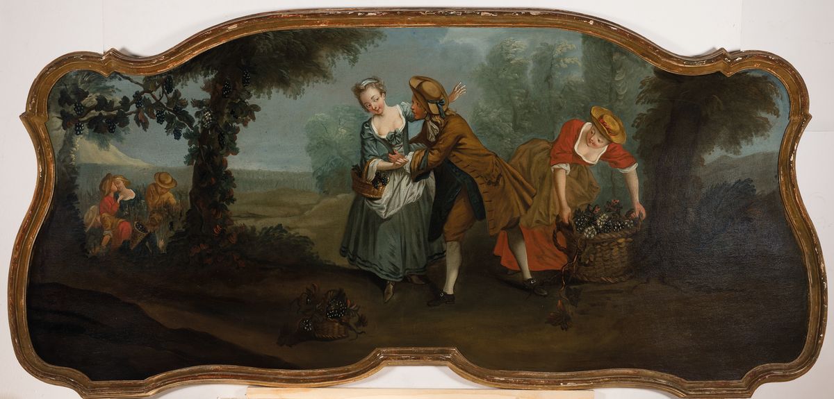 Detail k: Unbekannter französischer Künstler, 18./19. Jh., Weinernte, im Mittelpunkt tanzendes Paar, rechts und links Personen mit Traubenkörben bzw. ...