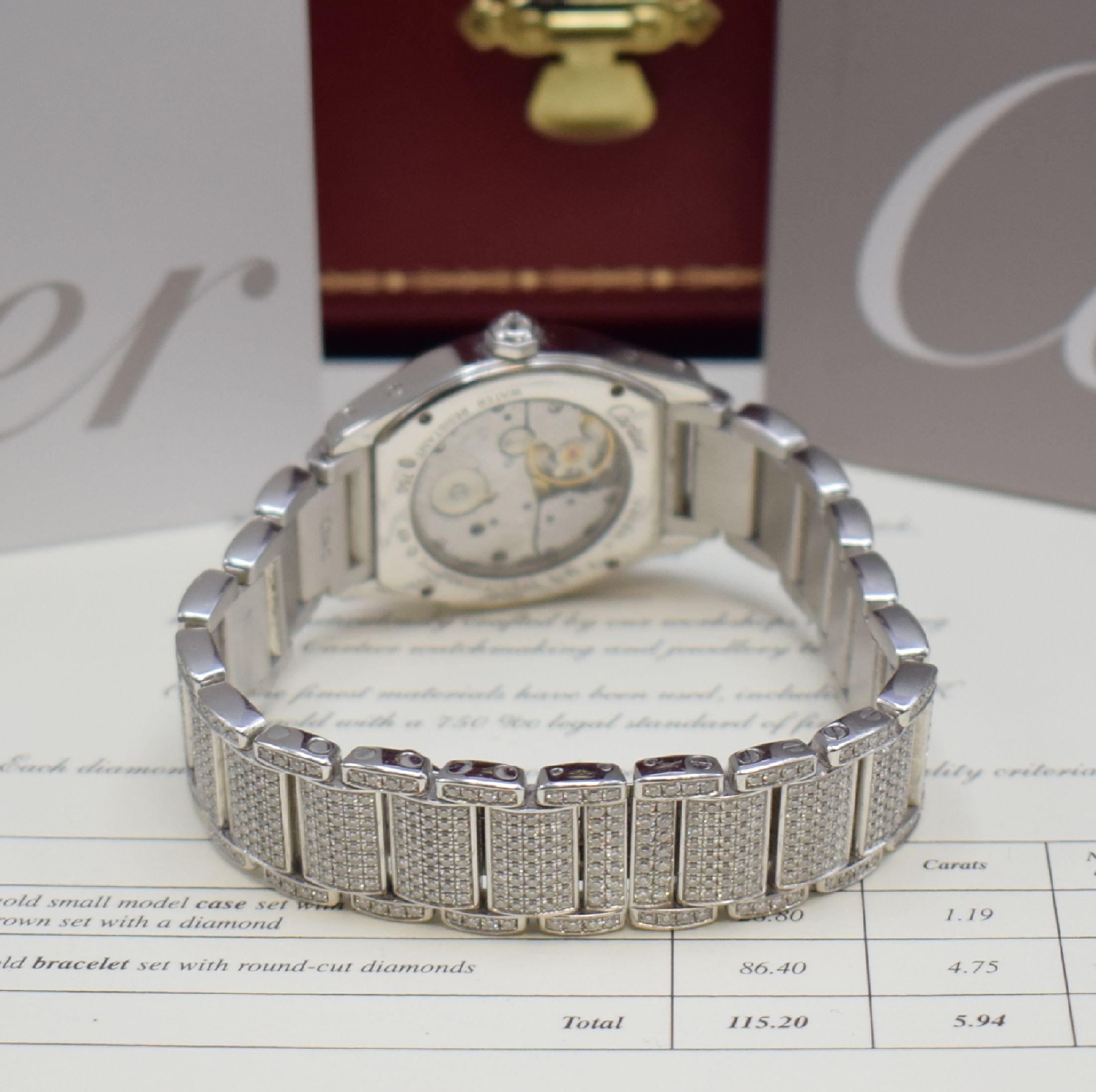 Detail b: CARTIER hochfeine und seltene Damenarmbanduhr Serie Tortue in WG 750/000 mit original Brillantbesatz Referenz WA5049MC, Handaufzug, Lünette wie Band ...