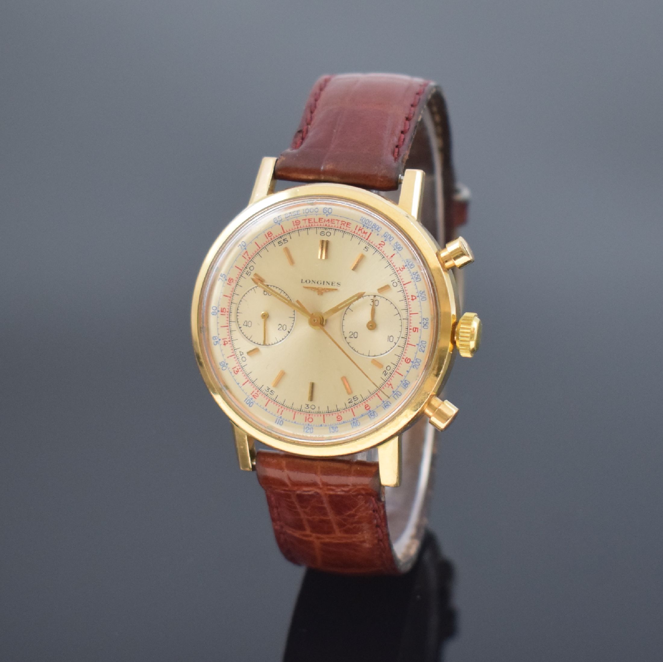 LONGINES seltene Herrenarmbanduhr mit Flyback-Chronograph Kaliber 30CH in RoseG 750/000, Schweiz um 1965, Handaufzug, Boden verschr., orig. Glas, ...