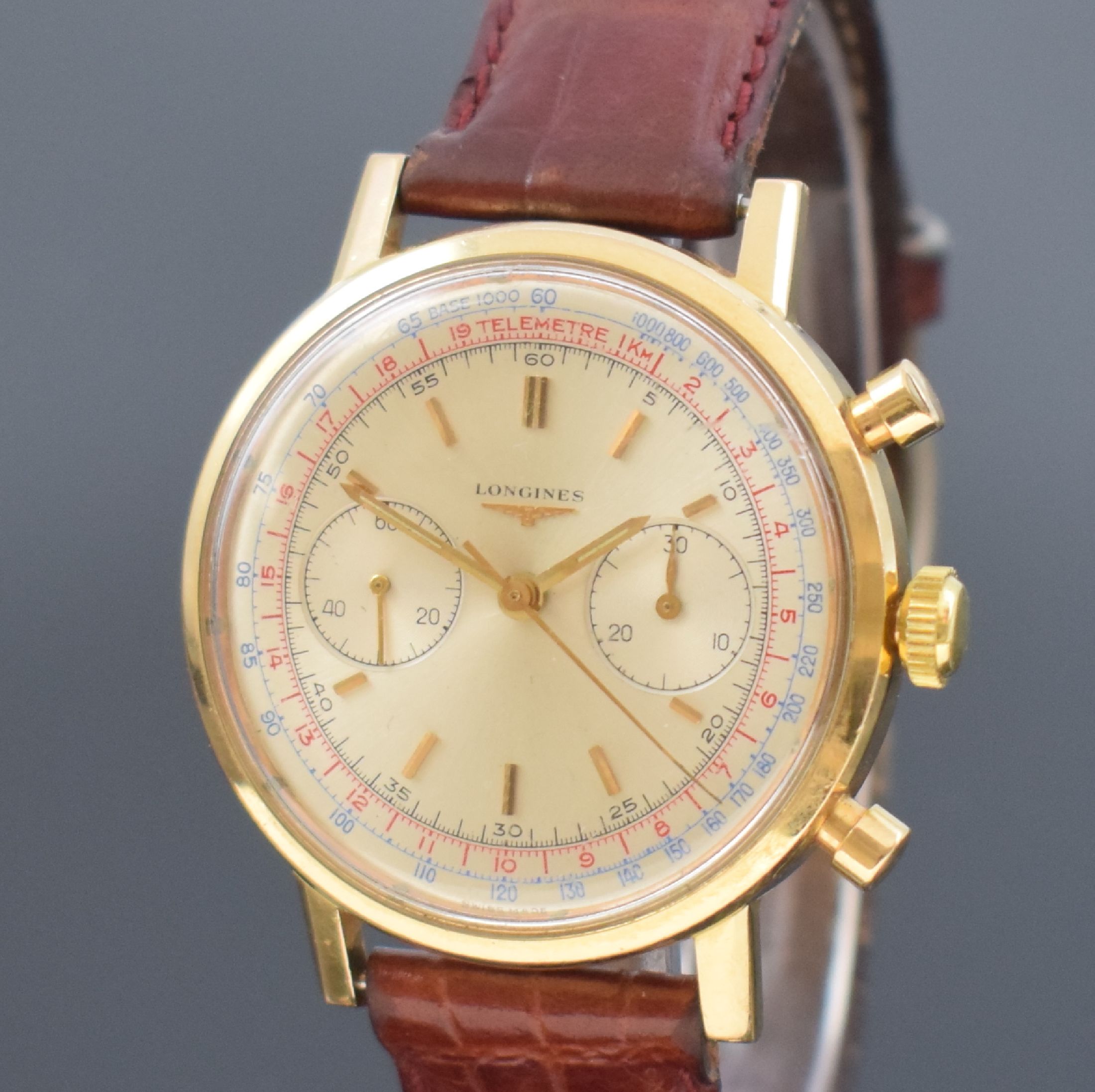 Detail a: LONGINES seltene Herrenarmbanduhr mit Flyback-Chronograph Kaliber 30CH in RoseG 750/000, Schweiz um 1965, Handaufzug, Boden verschr., orig. Glas, ...