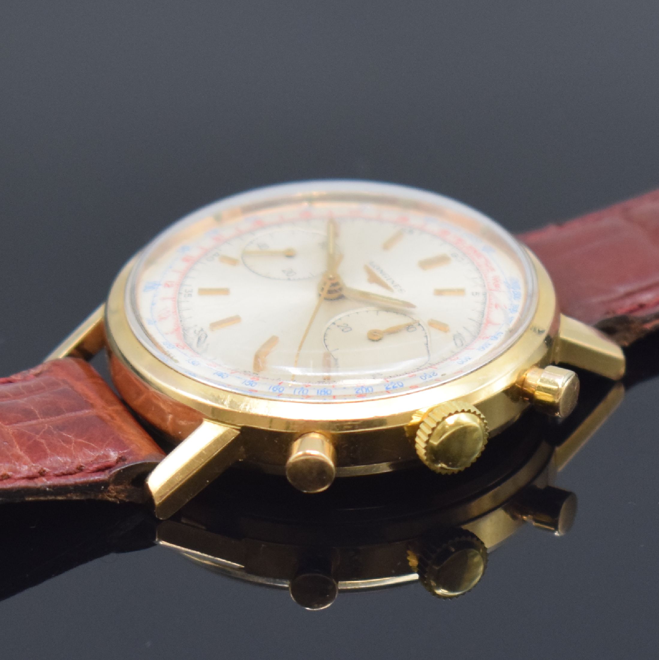 Detail b: LONGINES seltene Herrenarmbanduhr mit Flyback-Chronograph Kaliber 30CH in RoseG 750/000, Schweiz um 1965, Handaufzug, Boden verschr., orig. Glas, ...