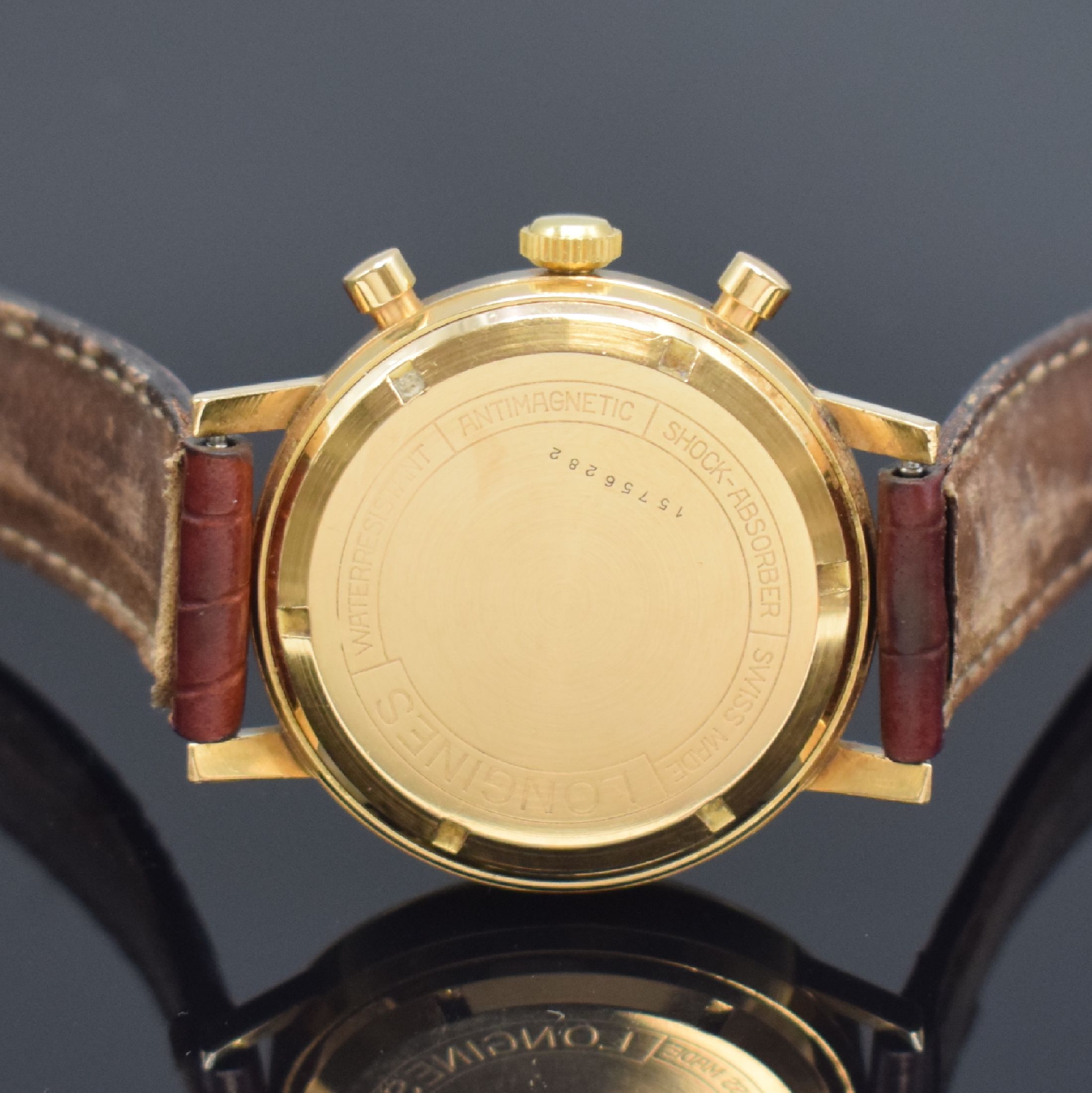 Detail c: LONGINES seltene Herrenarmbanduhr mit Flyback-Chronograph Kaliber 30CH in RoseG 750/000, Schweiz um 1965, Handaufzug, Boden verschr., orig. Glas, ...
