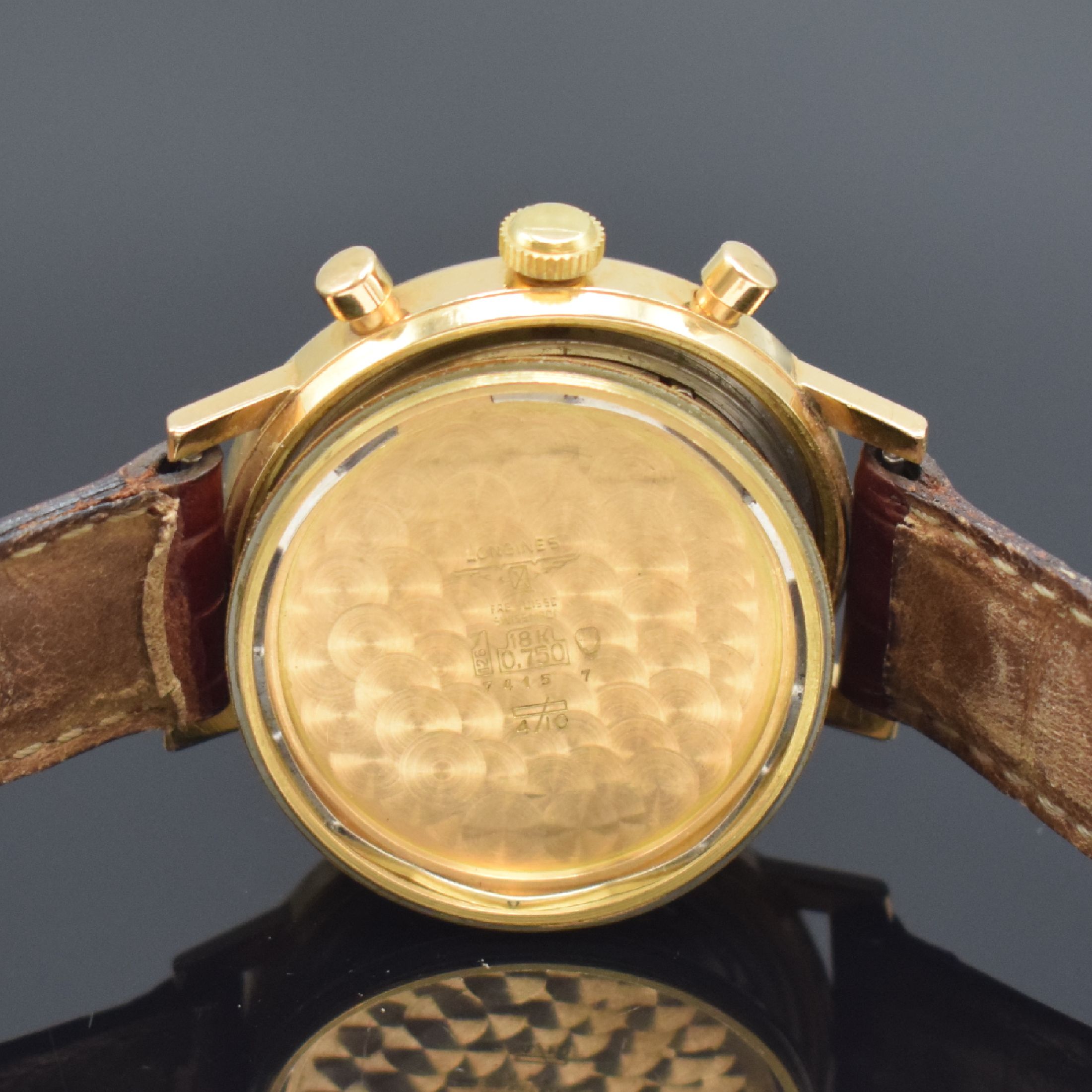 Detail e: LONGINES seltene Herrenarmbanduhr mit Flyback-Chronograph Kaliber 30CH in RoseG 750/000, Schweiz um 1965, Handaufzug, Boden verschr., orig. Glas, ...