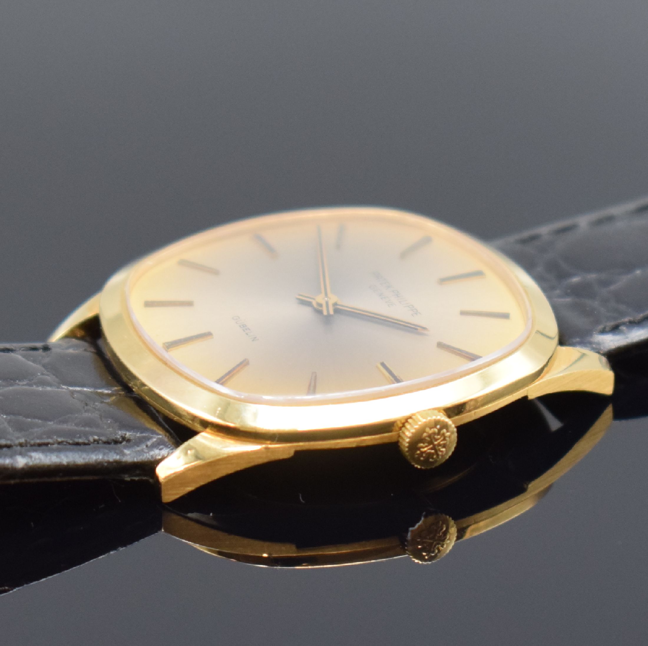Detail b: PATEK PHILIPPE Gübelin Herrenarmbanduhr in GG 750/000 Referenz 3544, Schweiz um 1960, Handaufzug, Boden aufgedr., gold. Zifferbl. m. aufges. ...