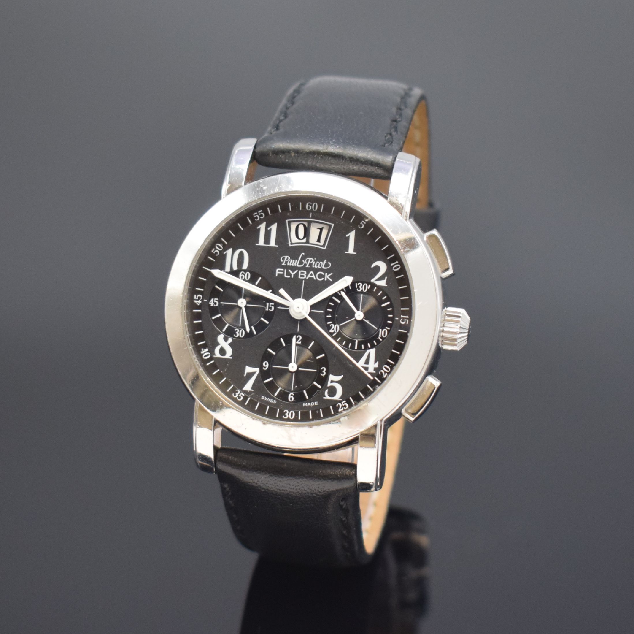 PAUL PICOT Herrenarmbanduhr Modell Firshire Flyback, Schweiz um 2000, Automatik, beids. vergl. Edelstahlgeh., neutr. Lederband m. orig. Dornschl., ...