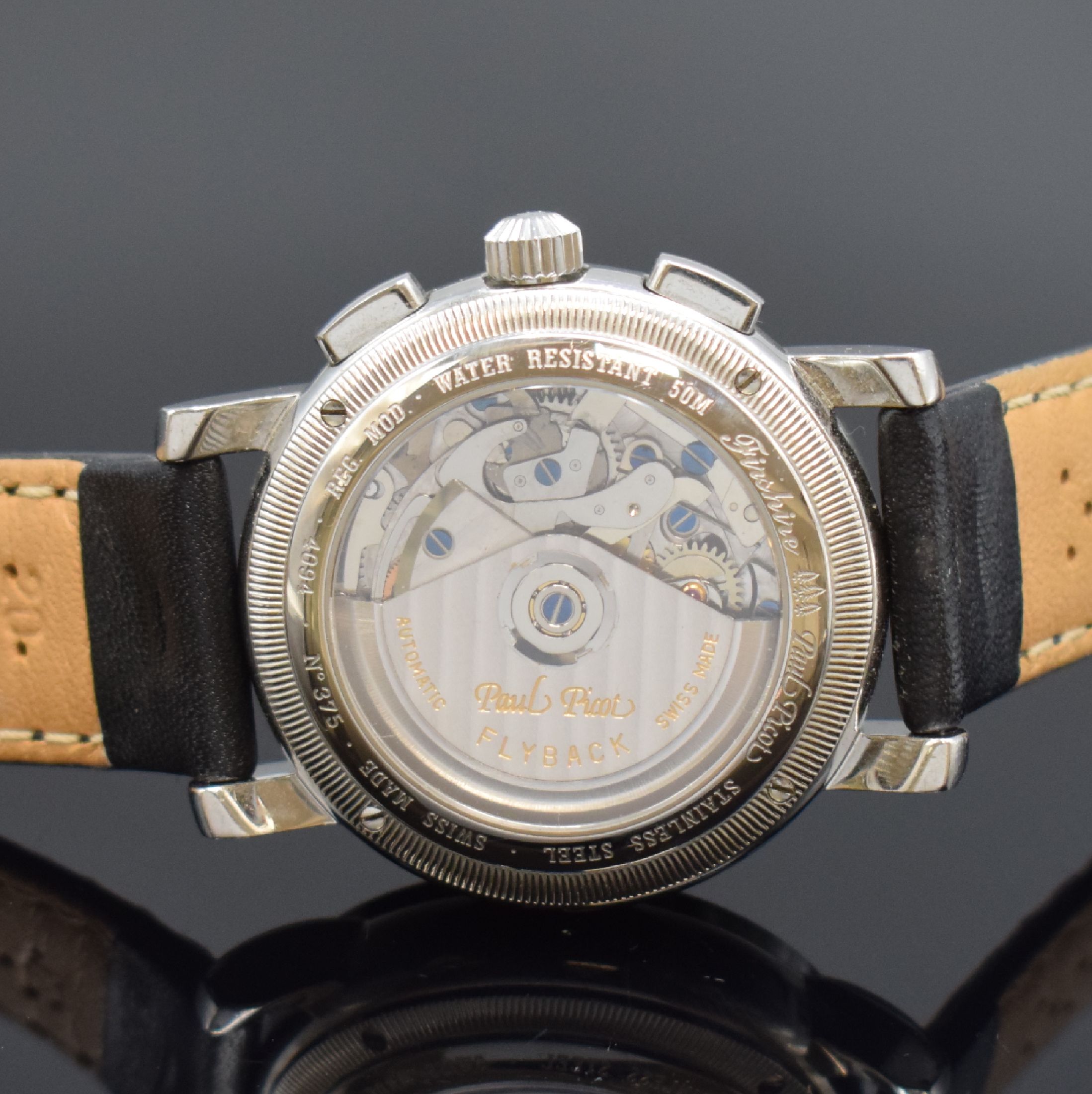 Detail d: PAUL PICOT Herrenarmbanduhr Modell Firshire Flyback, Schweiz um 2000, Automatik, beids. vergl. Edelstahlgeh., neutr. Lederband m. orig. Dornschl., ...