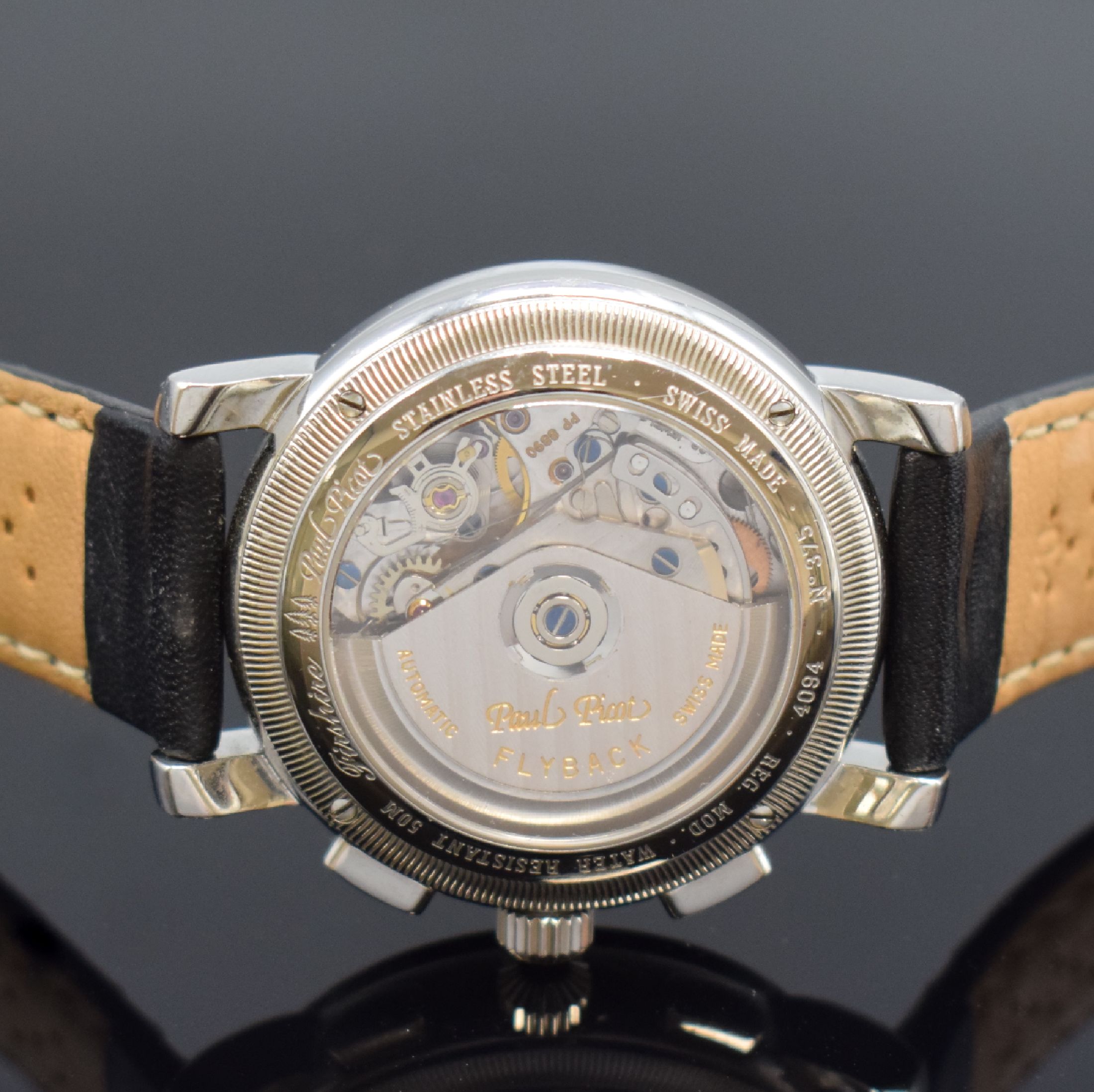 Detail e: PAUL PICOT Herrenarmbanduhr Modell Firshire Flyback, Schweiz um 2000, Automatik, beids. vergl. Edelstahlgeh., neutr. Lederband m. orig. Dornschl., ...
