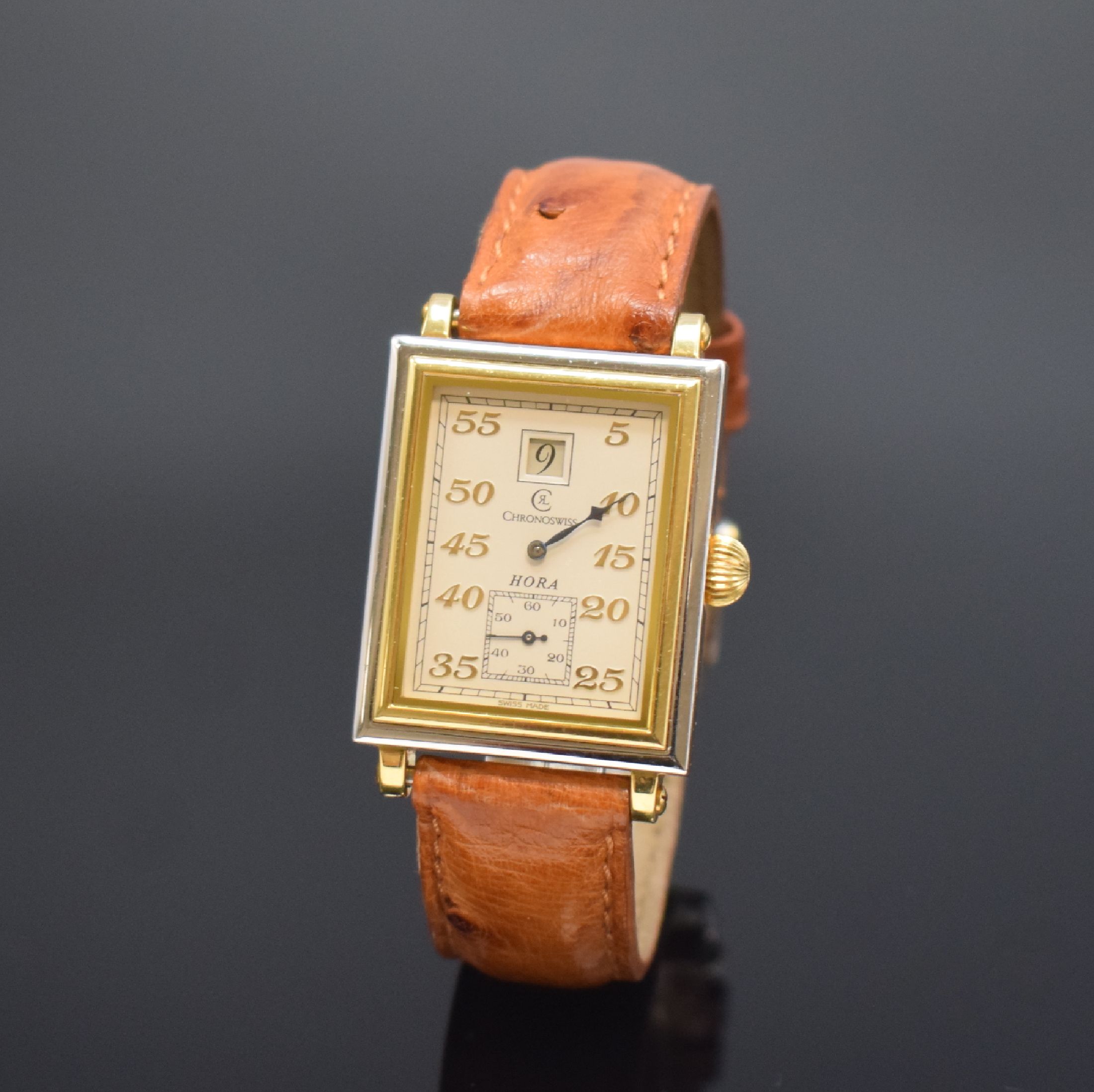 CHRONOSWISS limitierte Herrenarmbanduhr Modell Hora Referenz CH 1351, Handaufzug, Schweiz um 1990, GG/WG 750/000 inkl. orig. Lederband m. orig. ...