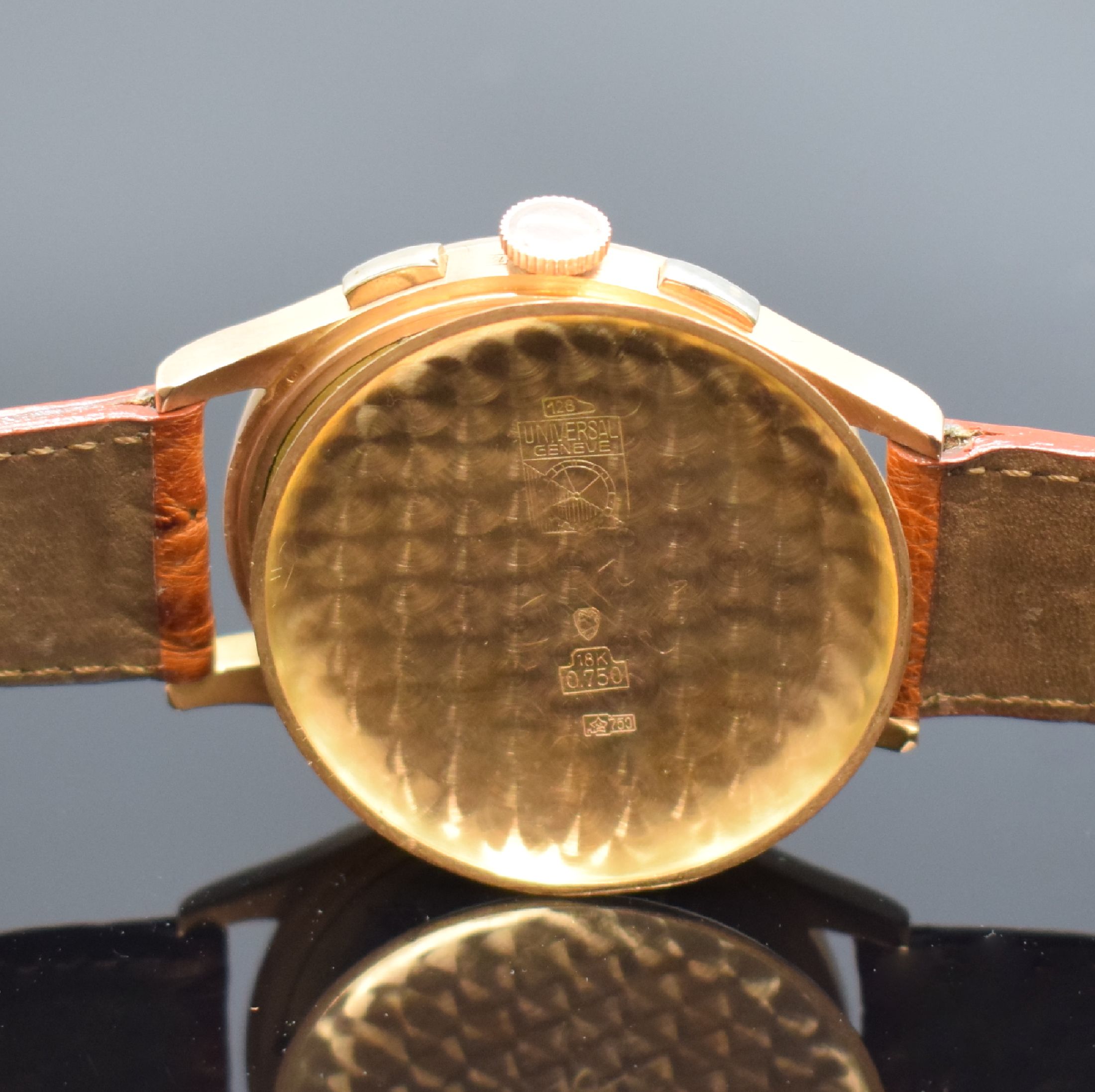 Detail f: UNIVERSAL GENEVE Compax Schaltradchronograph in RG 750/000, Schweiz um 1945, Handaufzug, Boden und Glasrand aufgedr., kupferfarb. Zifferbl. rest., ...