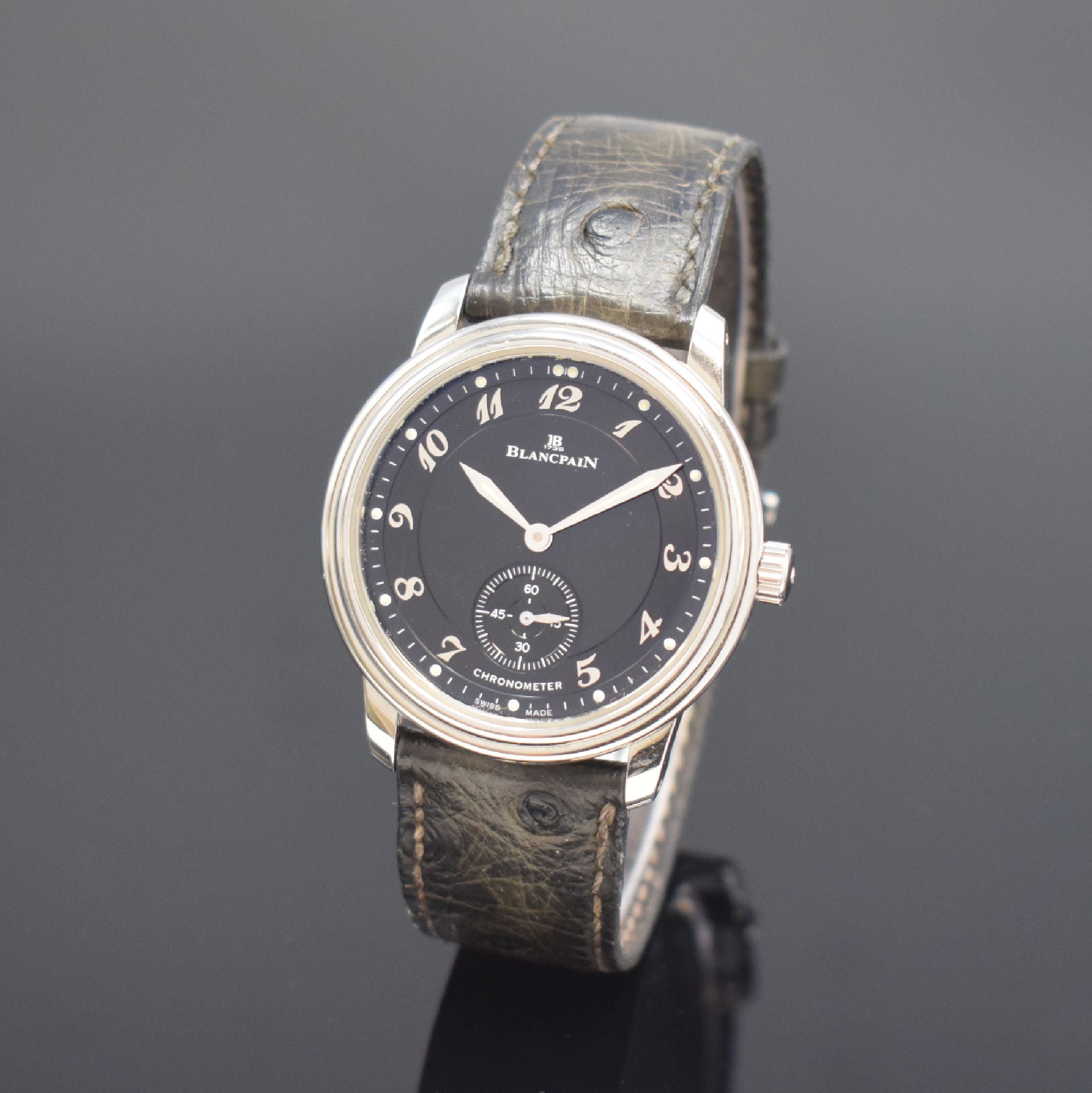 BLANCPAIN Ultra Slim Chronometer Herrenarmbanduhr in Stahl, Schweiz um 2000, Handaufzug, beids. vergl. Geh., Boden aufgedr., Lederband m. orig. ...