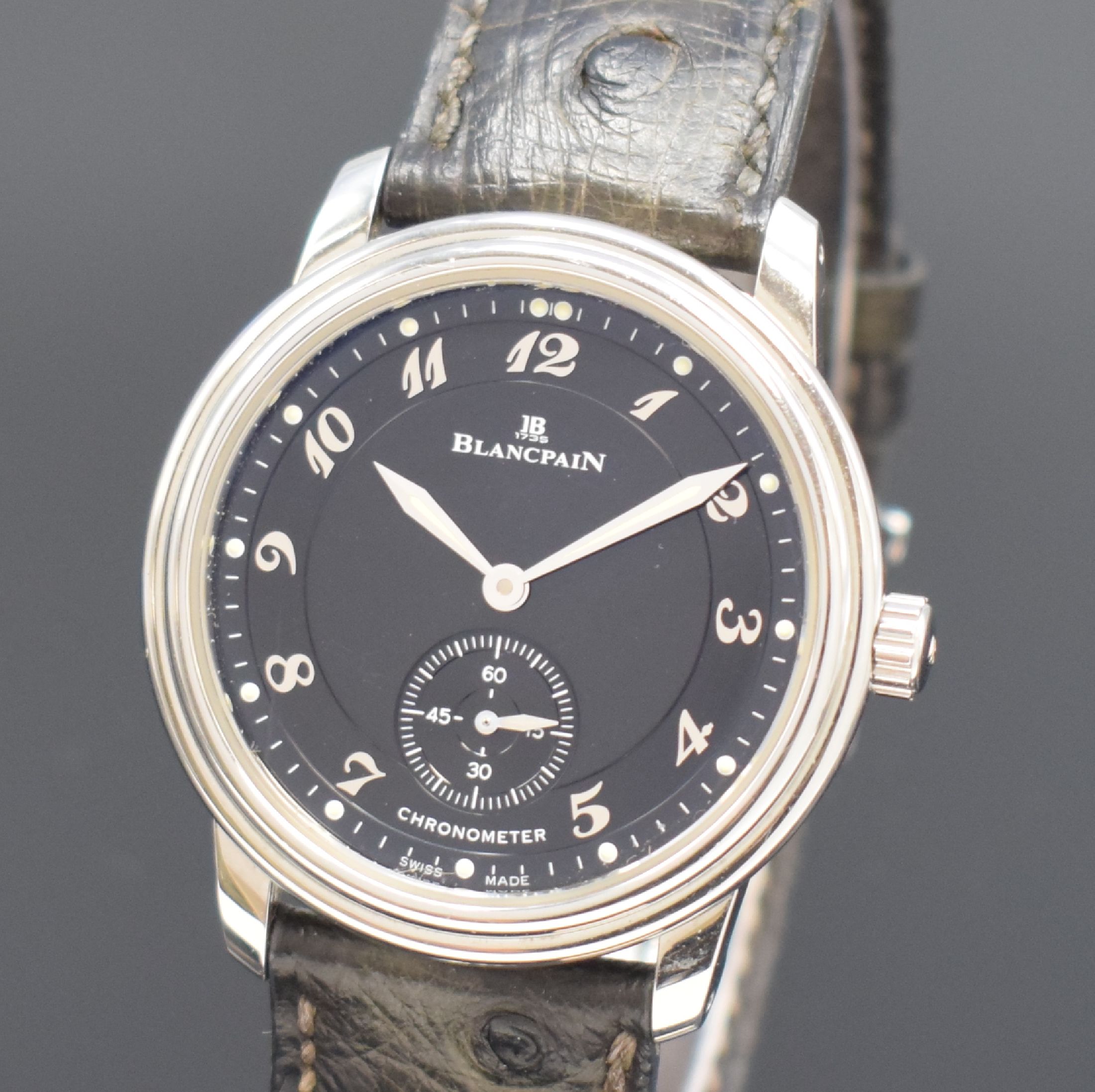 Detail a: BLANCPAIN Ultra Slim Chronometer Herrenarmbanduhr in Stahl, Schweiz um 2000, Handaufzug, beids. vergl. Geh., Boden aufgedr., Lederband m. orig. ...