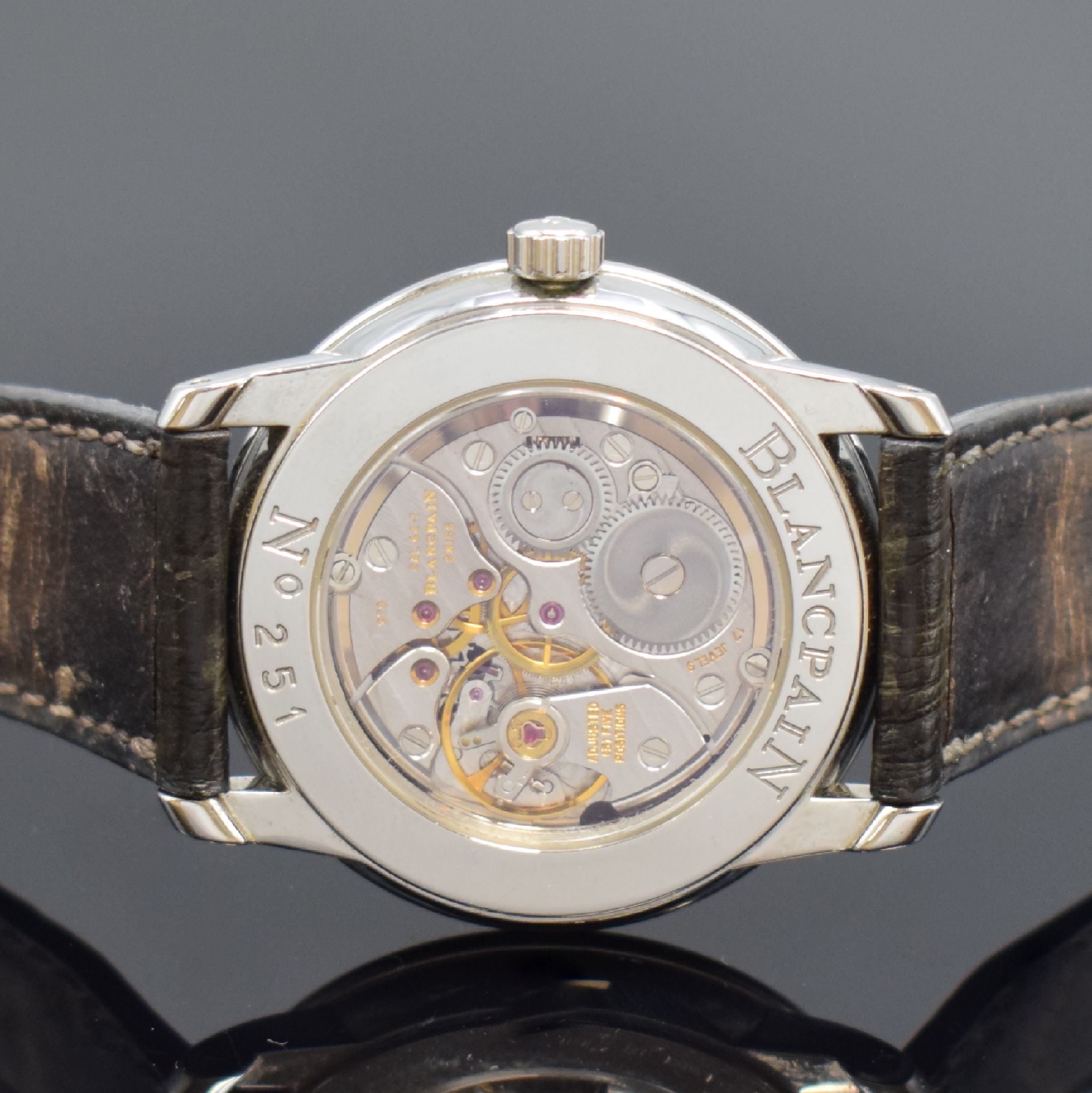 Detail d: BLANCPAIN Ultra Slim Chronometer Herrenarmbanduhr in Stahl, Schweiz um 2000, Handaufzug, beids. vergl. Geh., Boden aufgedr., Lederband m. orig. ...