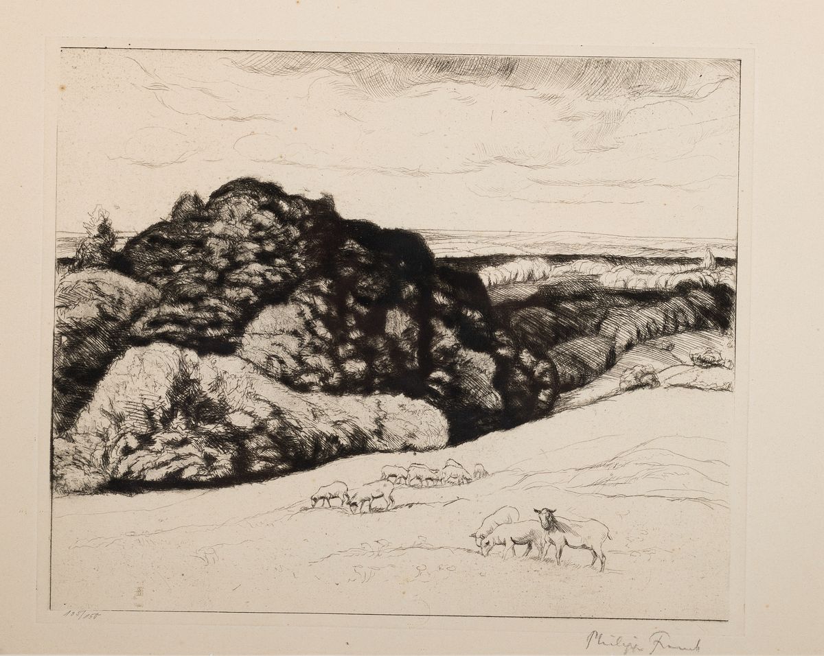 Philipp Franck,, zwei Radierungen, re. u. signiert, a. Landscahft mit weidenden Schafen, 135/150, handsigniert, ca. 24.5 x 29 cm Plattengröße, PP., ...