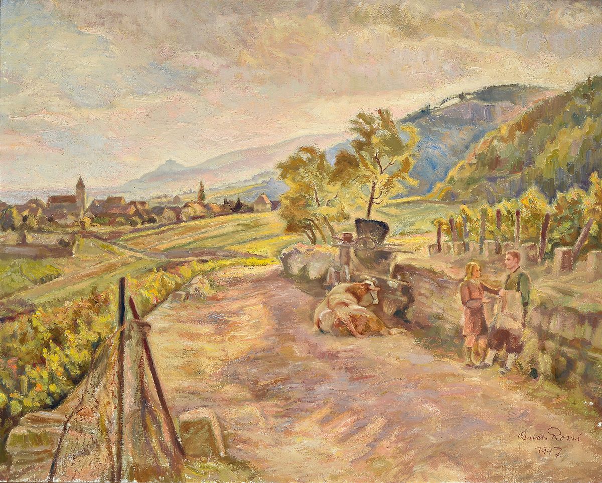 Gustav Rossi, 1898 Speyer - 1976 Gimmeldingen, Landschaft bei Gimmeldingen, Öl/Lwd, re. unten signiert, dat. 1947, 75 x 95 cm, Rahmen