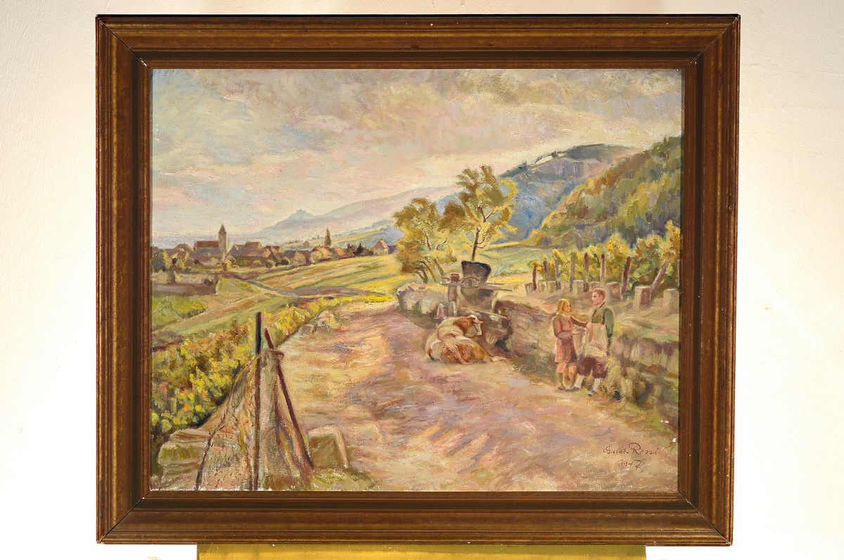 Detail k: Gustav Rossi, 1898 Speyer - 1976 Gimmeldingen, Landschaft bei Gimmeldingen, Öl/Lwd, re. unten signiert, dat. 1947, 75 x 95 cm, Rahmen