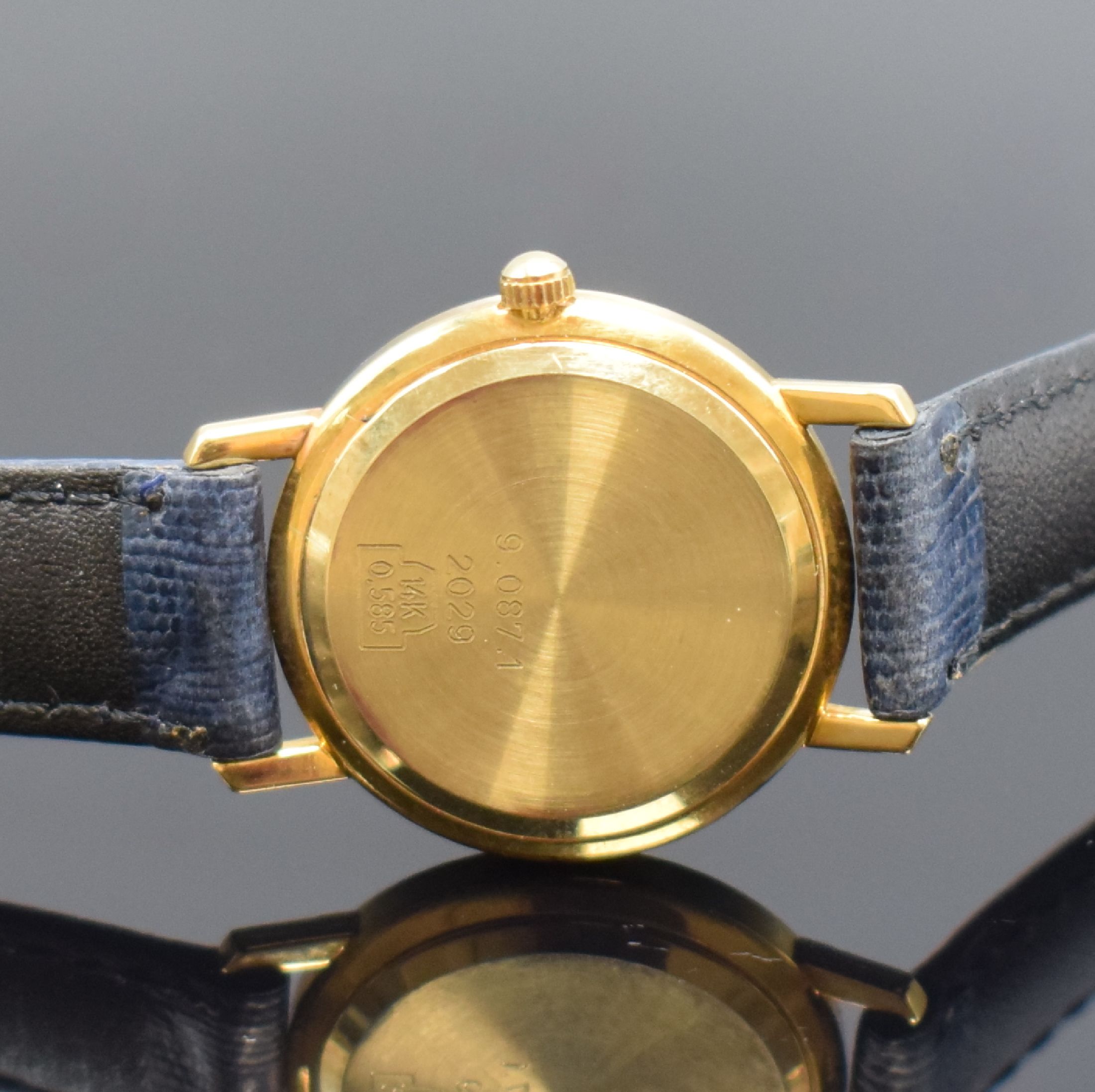 Detail c: DUGENA Damenarmbanduhr in GG 585/000, Deutschland um 1995, quarz, 2-teil. Gehäuse, Boden aufgedr., Lünette u. Bandanstöße m. Diamanten bes., ...