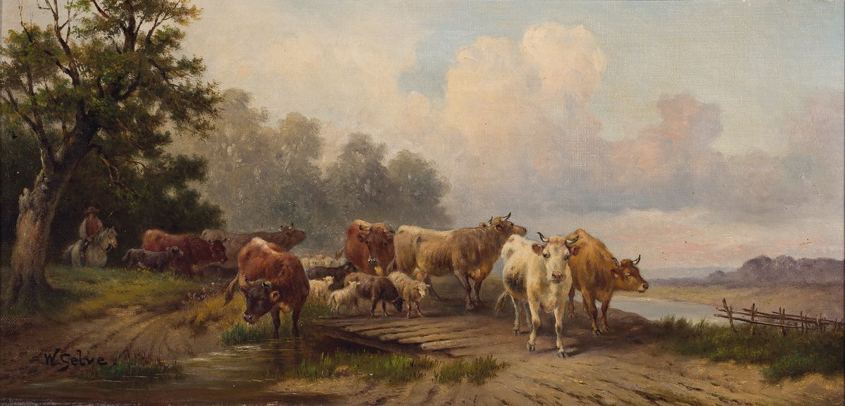 W. Selve, deutscher Maler des 19. Jh., Kühe und Schafe am Waldrand, Öl/Lwd, links unten signiert, ca. 26x53cm, goldfarbener reich verzierter Rahmen ...