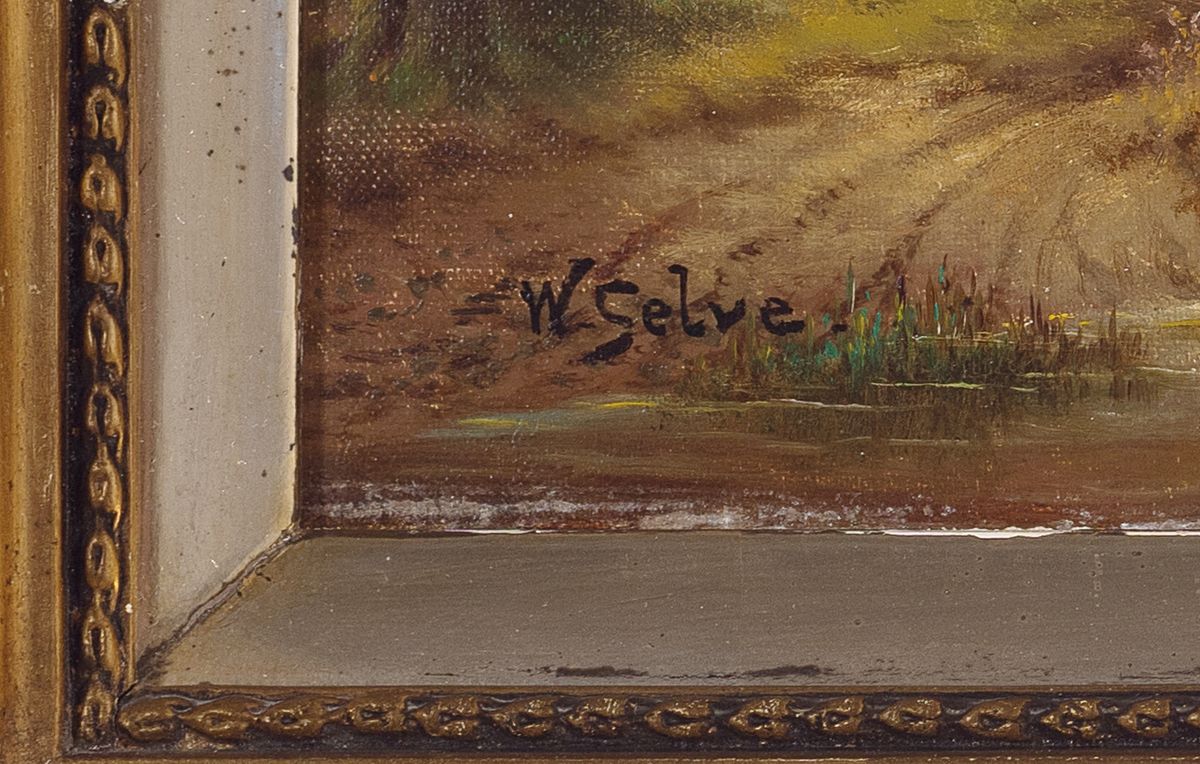 Detail a: W. Selve, deutscher Maler des 19. Jh., Kühe und Schafe am Waldrand, Öl/Lwd, links unten signiert, ca. 26x53cm, goldfarbener reich verzierter Rahmen ...