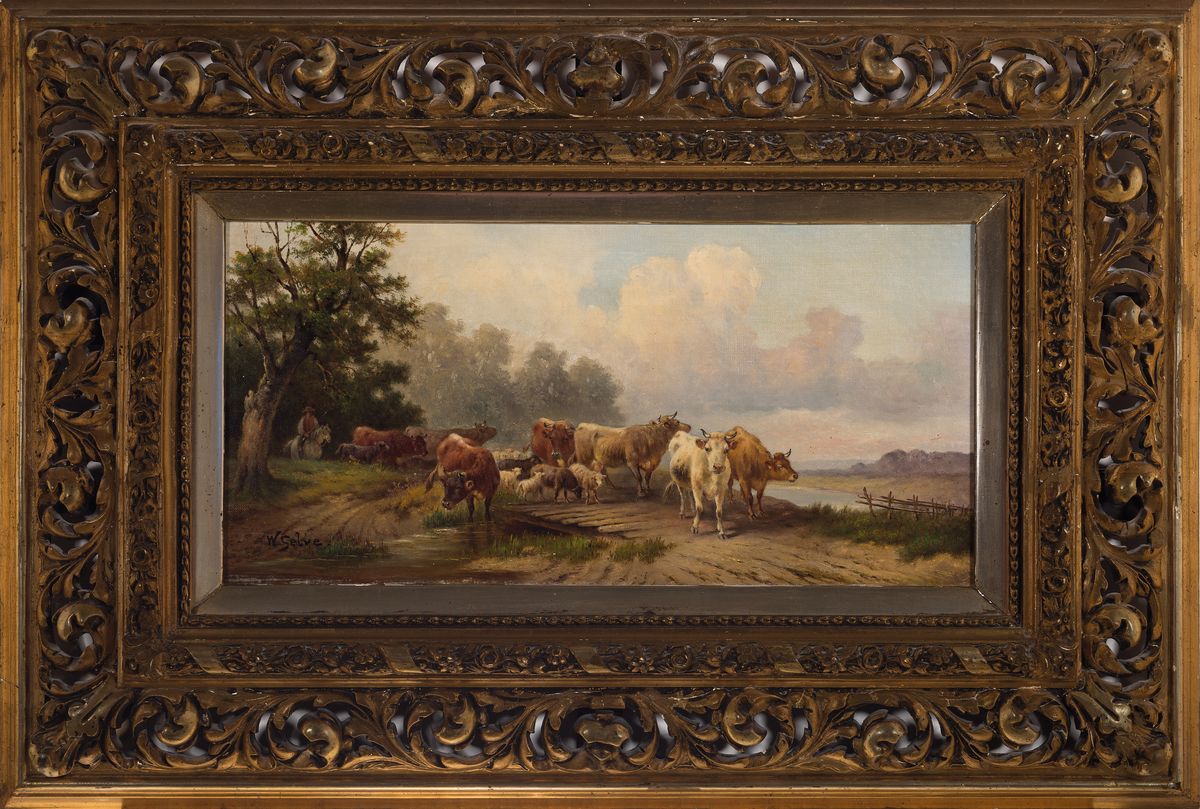 Detail k: W. Selve, deutscher Maler des 19. Jh., Kühe und Schafe am Waldrand, Öl/Lwd, links unten signiert, ca. 26x53cm, goldfarbener reich verzierter Rahmen ...