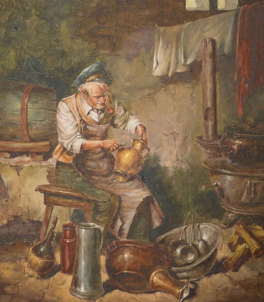 Unbekannter Künstler, 1. Hälfte 20. Jh., Belchner beim fertigen von Kupfer- und Messinggefäßen, Öl/Lwd, rechts unten unleserlich signiert, ca. ...