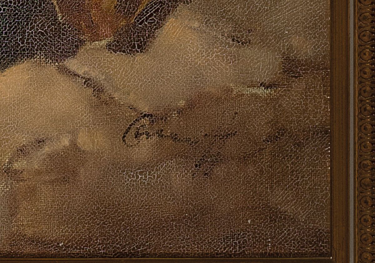 Detail a: Unbekannter Künstler, 1. Hälfte 20. Jh., Belchner beim fertigen von Kupfer- und Messinggefäßen, Öl/Lwd, rechts unten unleserlich signiert, ca. ...